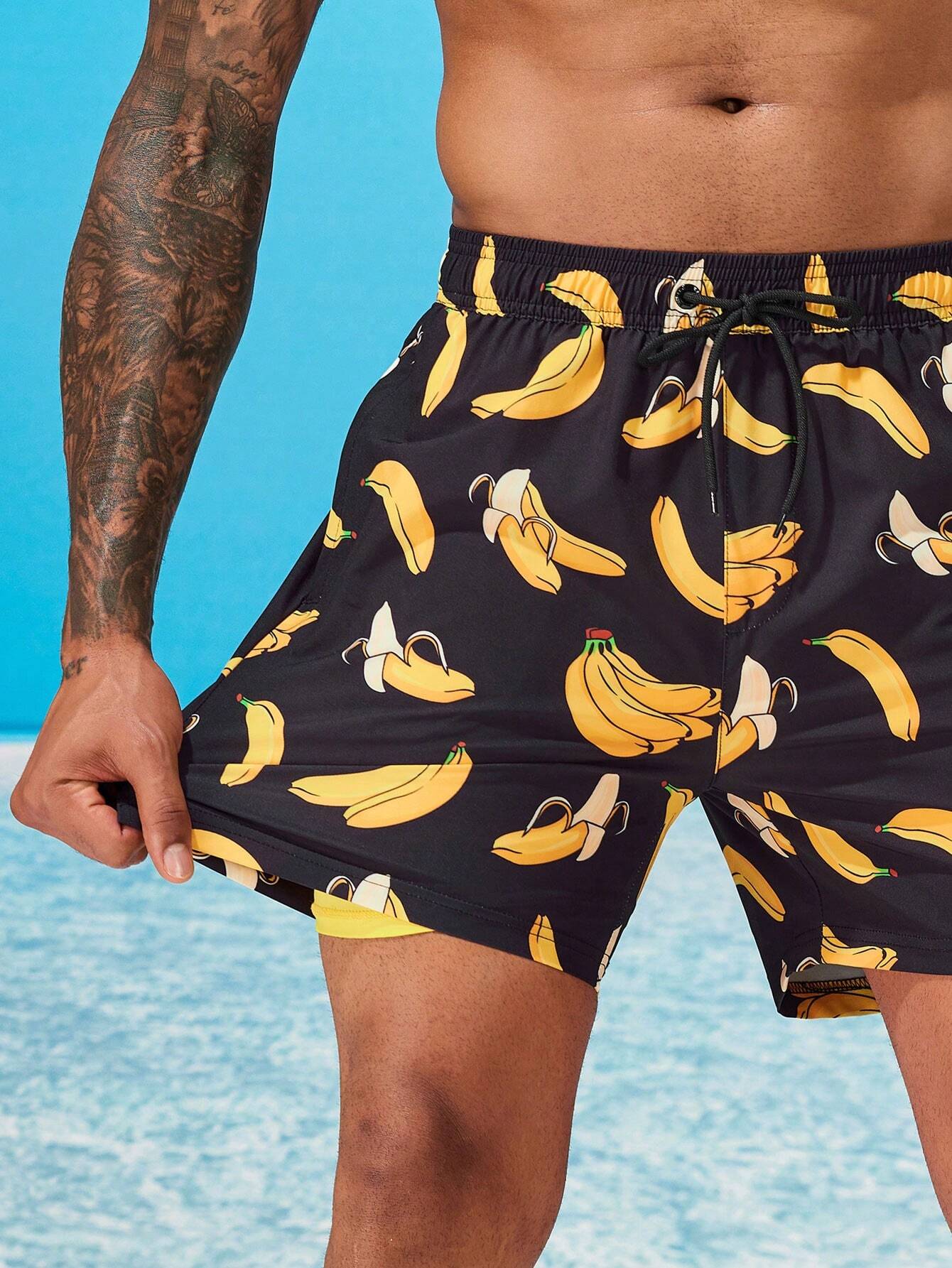 Banana Print Drawstring Waist Swim Trunk-Waves And Trunks