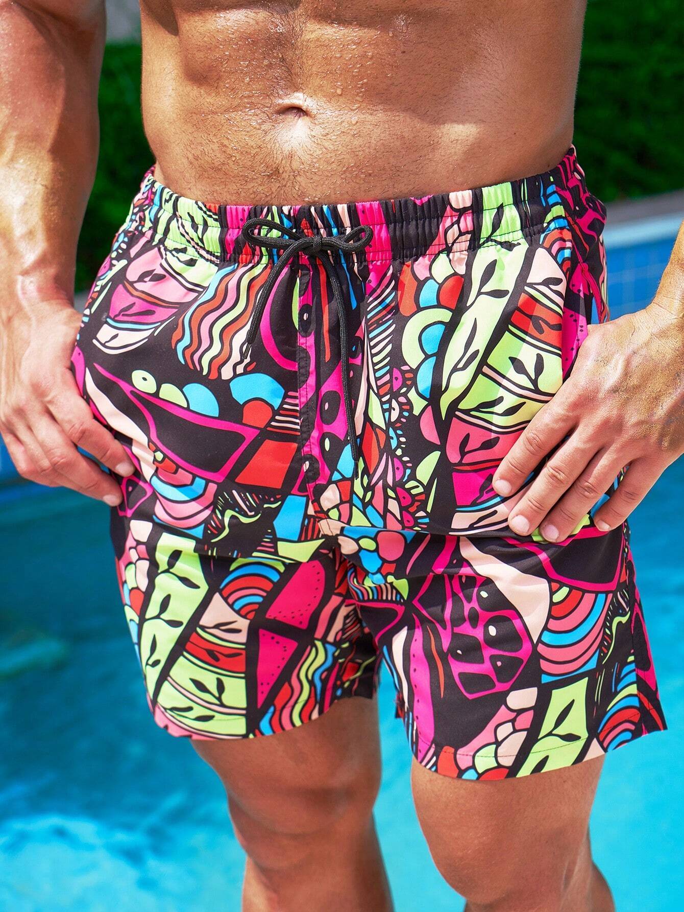 Patterned Drawstring Swim Trunks-Waves And Trunks
