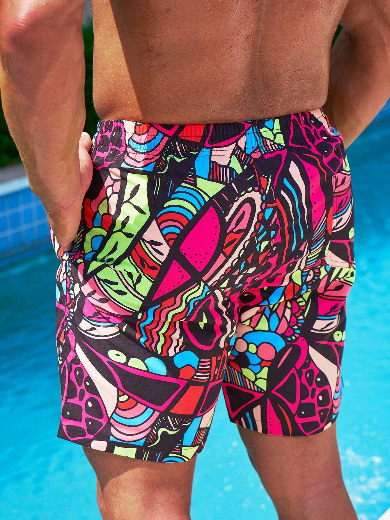 Patterned Drawstring Swim Trunks-Waves And Trunks
