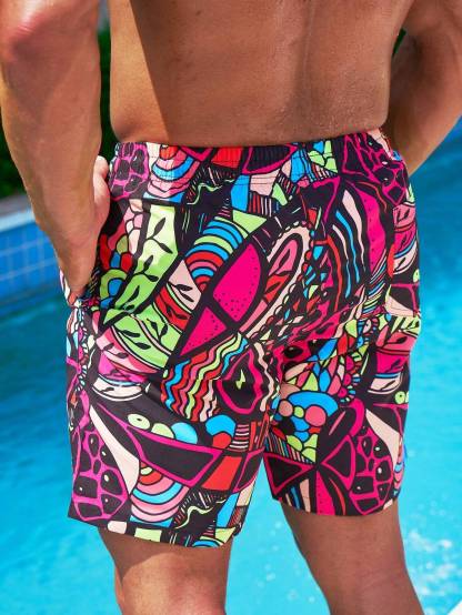 Patterned Drawstring Swim Trunks-Waves And Trunks