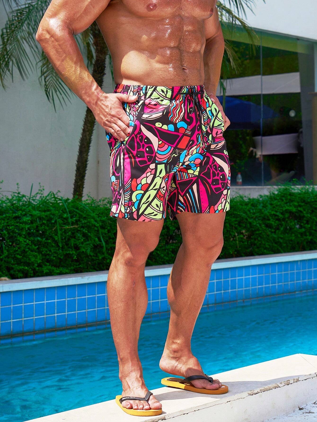 Patterned Drawstring Swim Trunks-Waves And Trunks