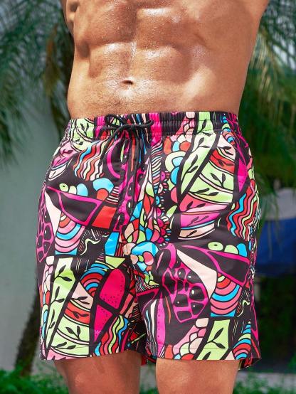 Patterned Drawstring Swim Trunks-Waves And Trunks