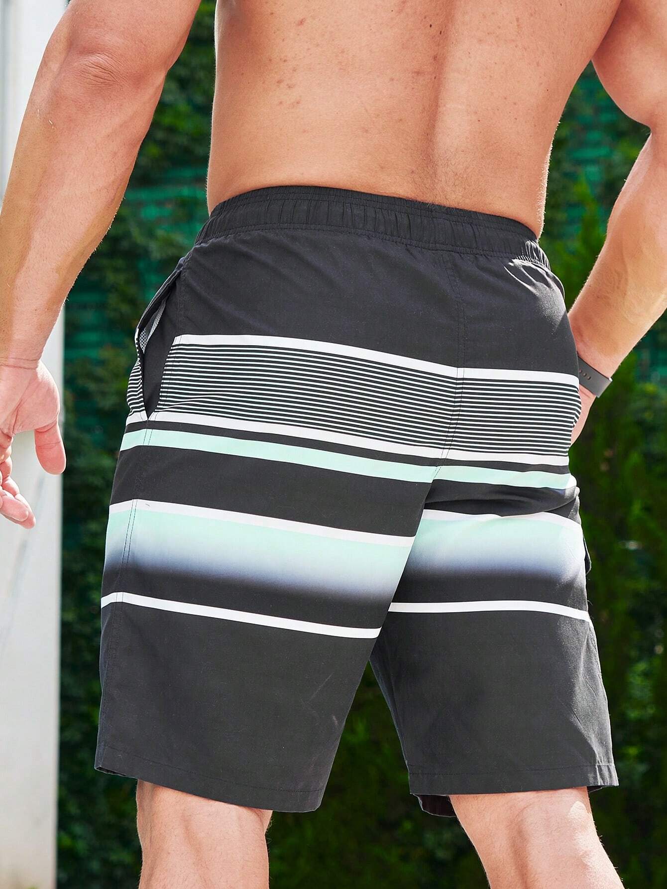 Striped Drawstring Waist Beach Shorts-Waves And Trunks