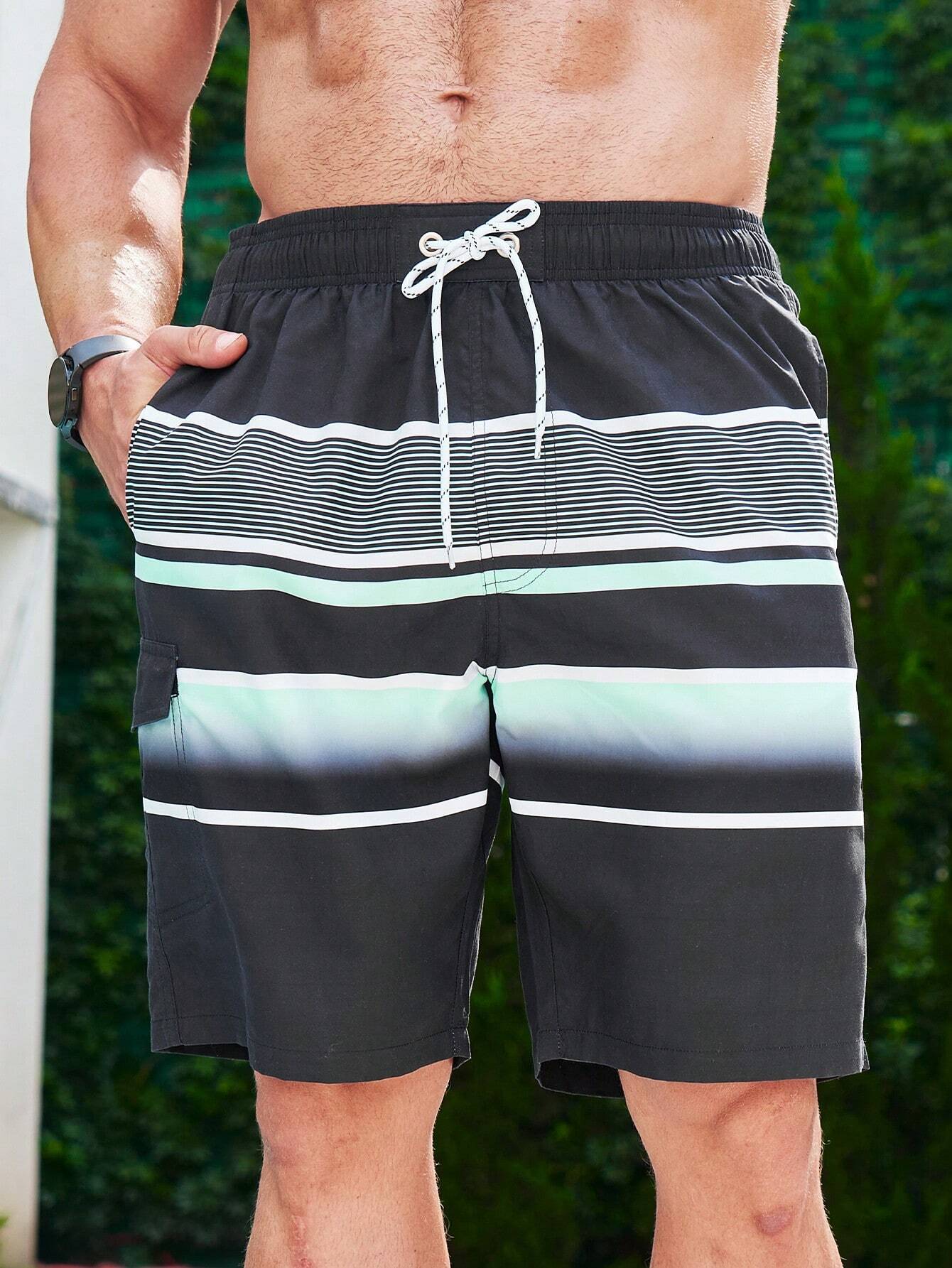 Striped Drawstring Waist Beach Shorts-Waves And Trunks