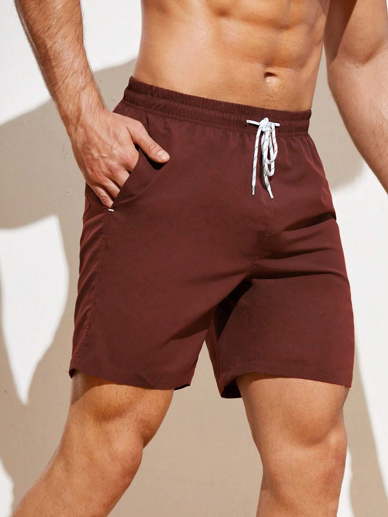 Plain Drawstring Waist Swim Shorts-Waves And Trunks