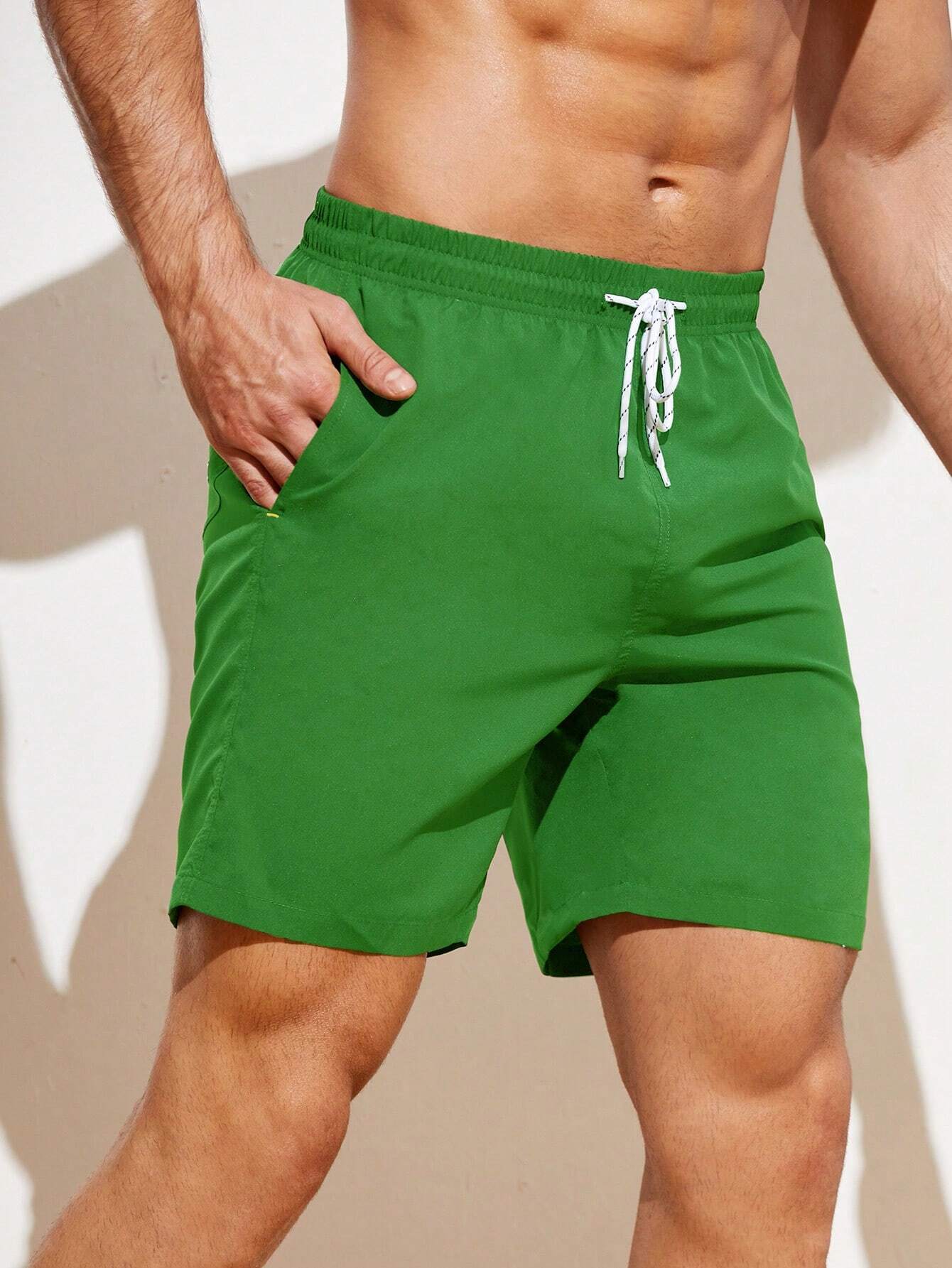 Plain Drawstring Waist Swim Shorts-Waves And Trunks