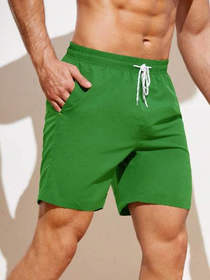 Plain Drawstring Waist Swim Shorts-Waves And Trunks
