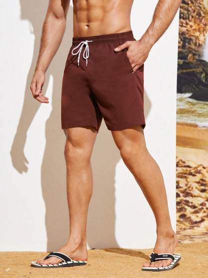 Plain Drawstring Waist Swim Shorts-Waves And Trunks