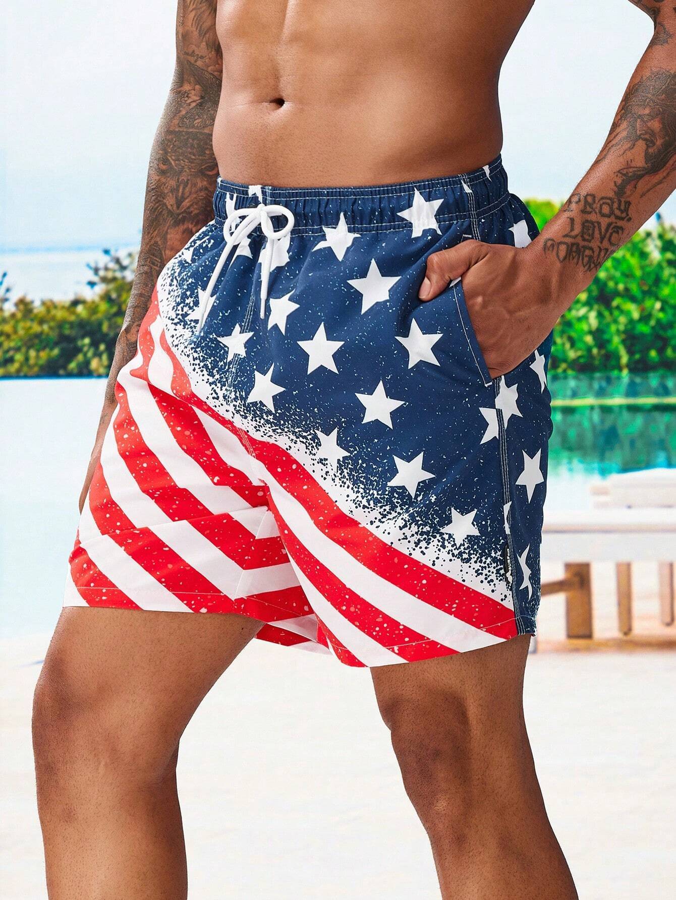 Flag Print Drawstring Waist Swim Shorts-Waves And Trunks