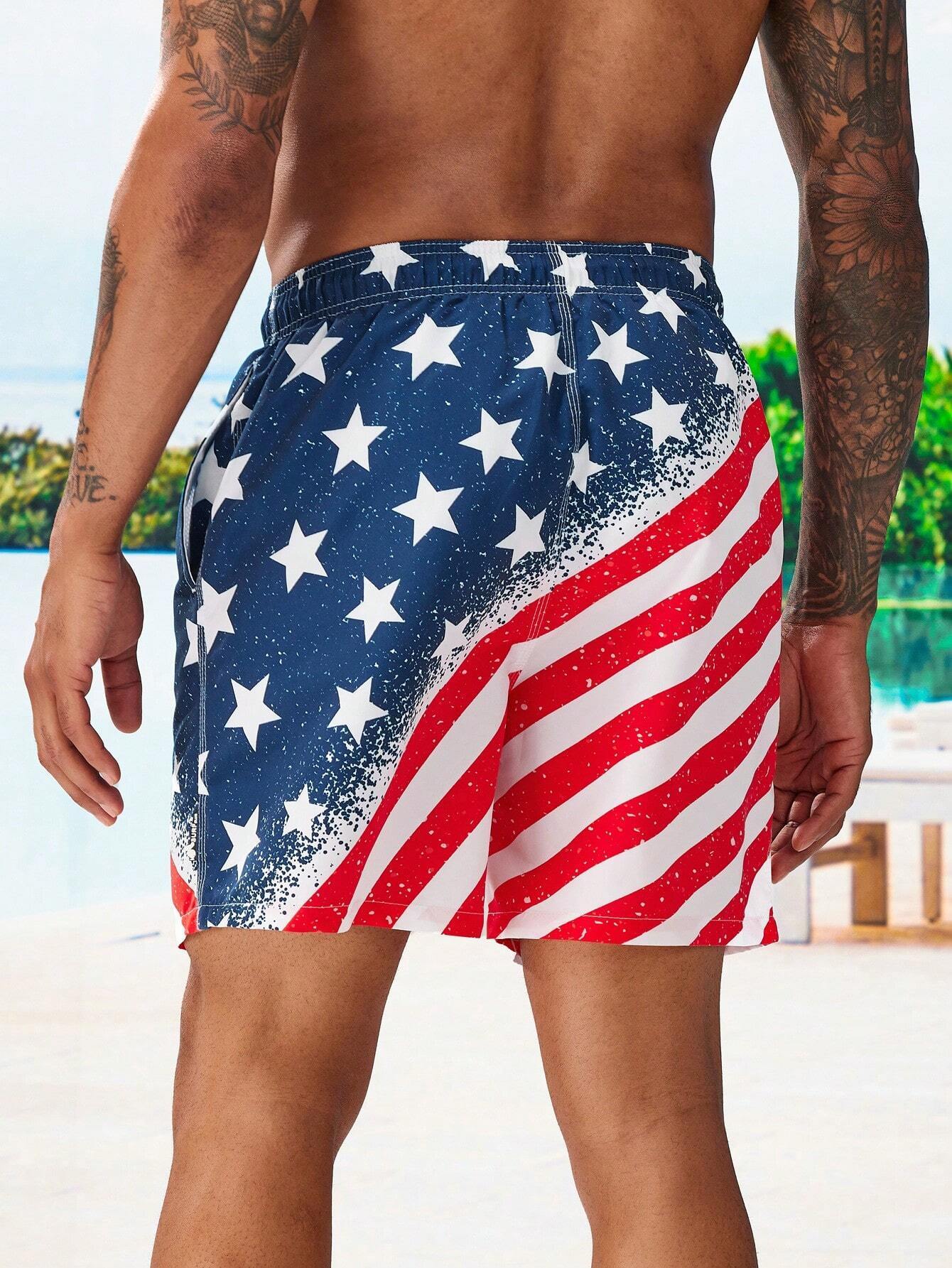 Flag Print Drawstring Waist Swim Shorts-Waves And Trunks