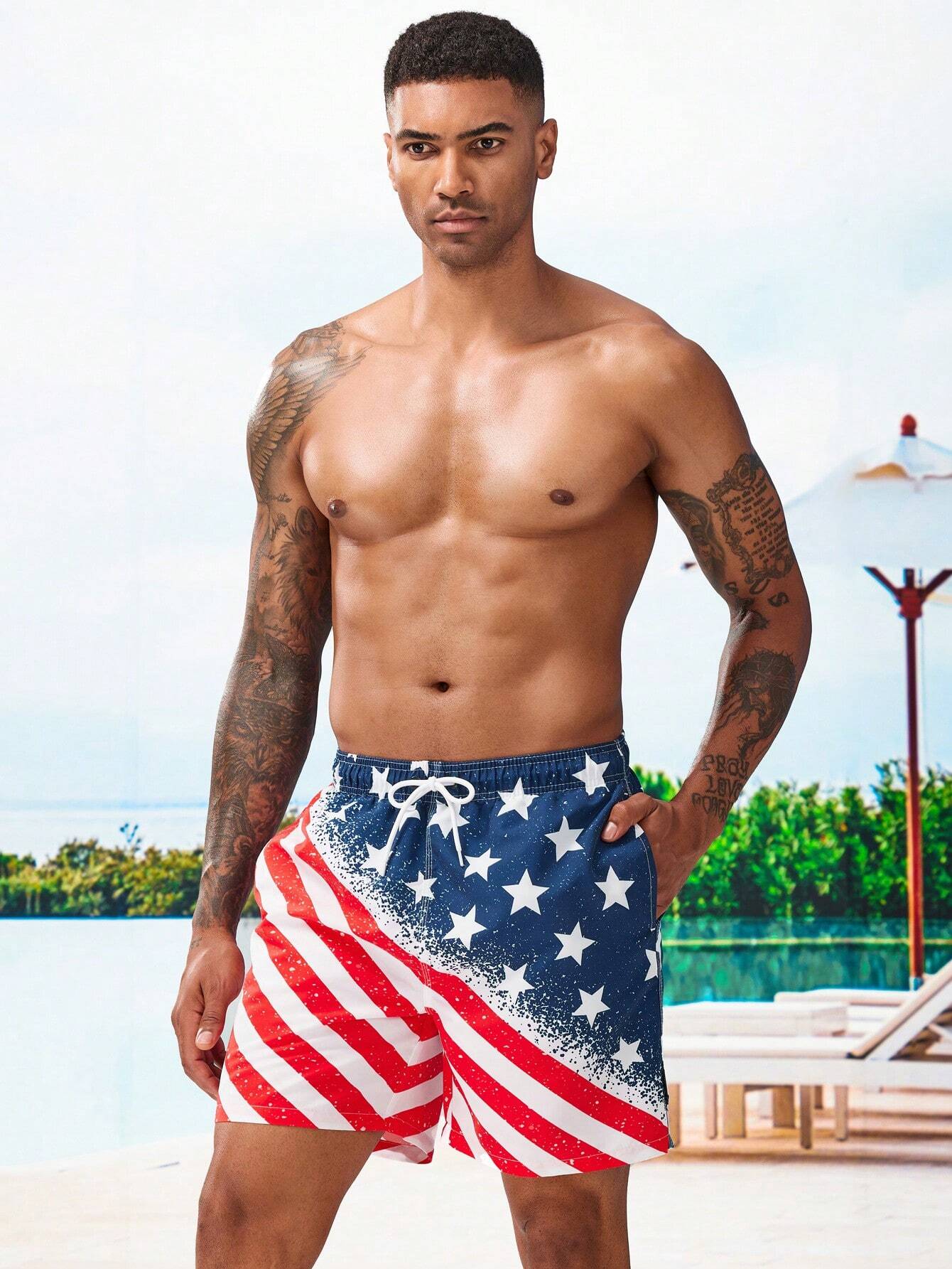 Flag Print Drawstring Waist Swim Shorts-Waves And Trunks