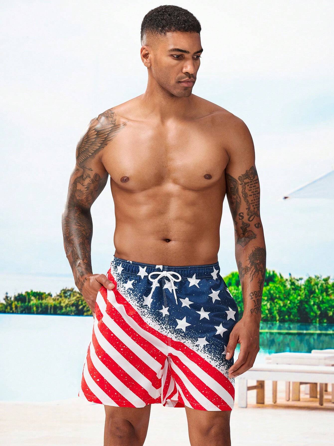 Flag Print Drawstring Waist Swim Shorts-Waves And Trunks