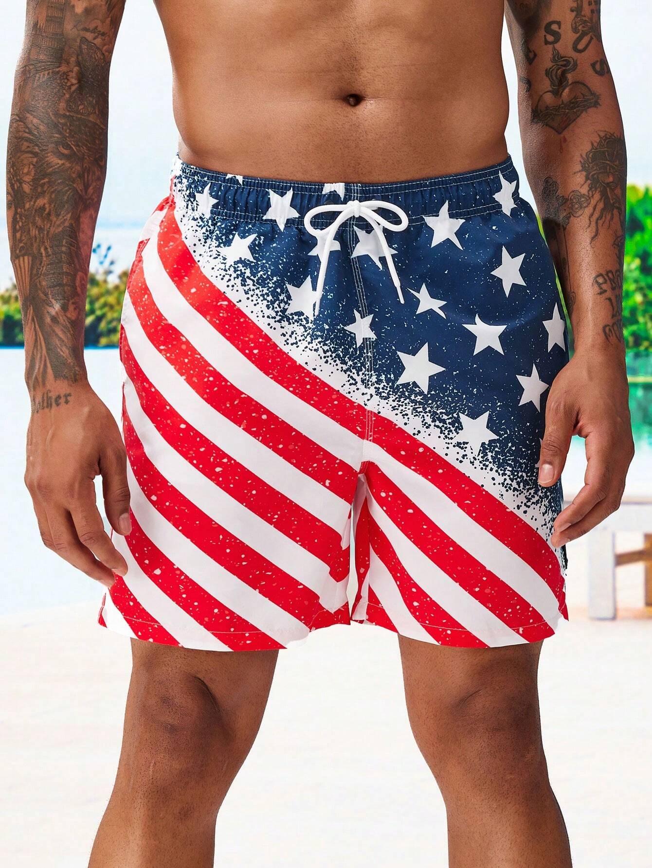 Flag Print Drawstring Waist Swim Shorts-Waves And Trunks