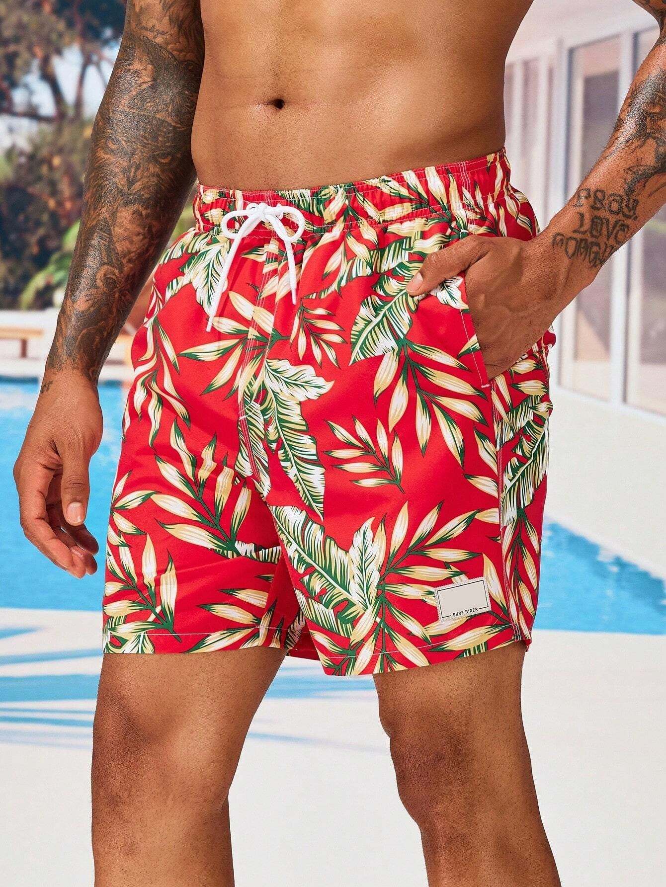 Tropical Print Drawstring Waist Swim Trunks With Pocket-Waves And Trunks