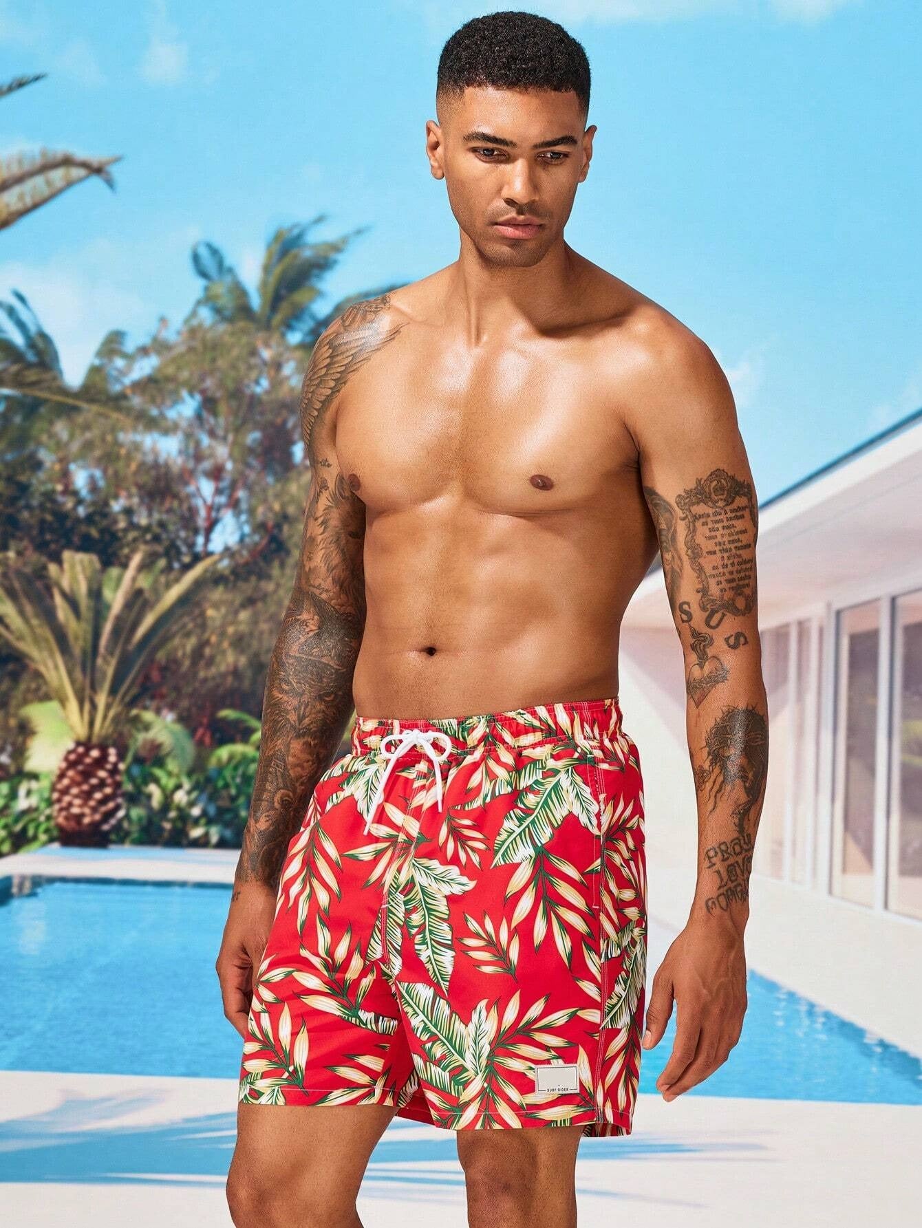 Tropical Print Drawstring Waist Swim Trunks With Pocket-Waves And Trunks