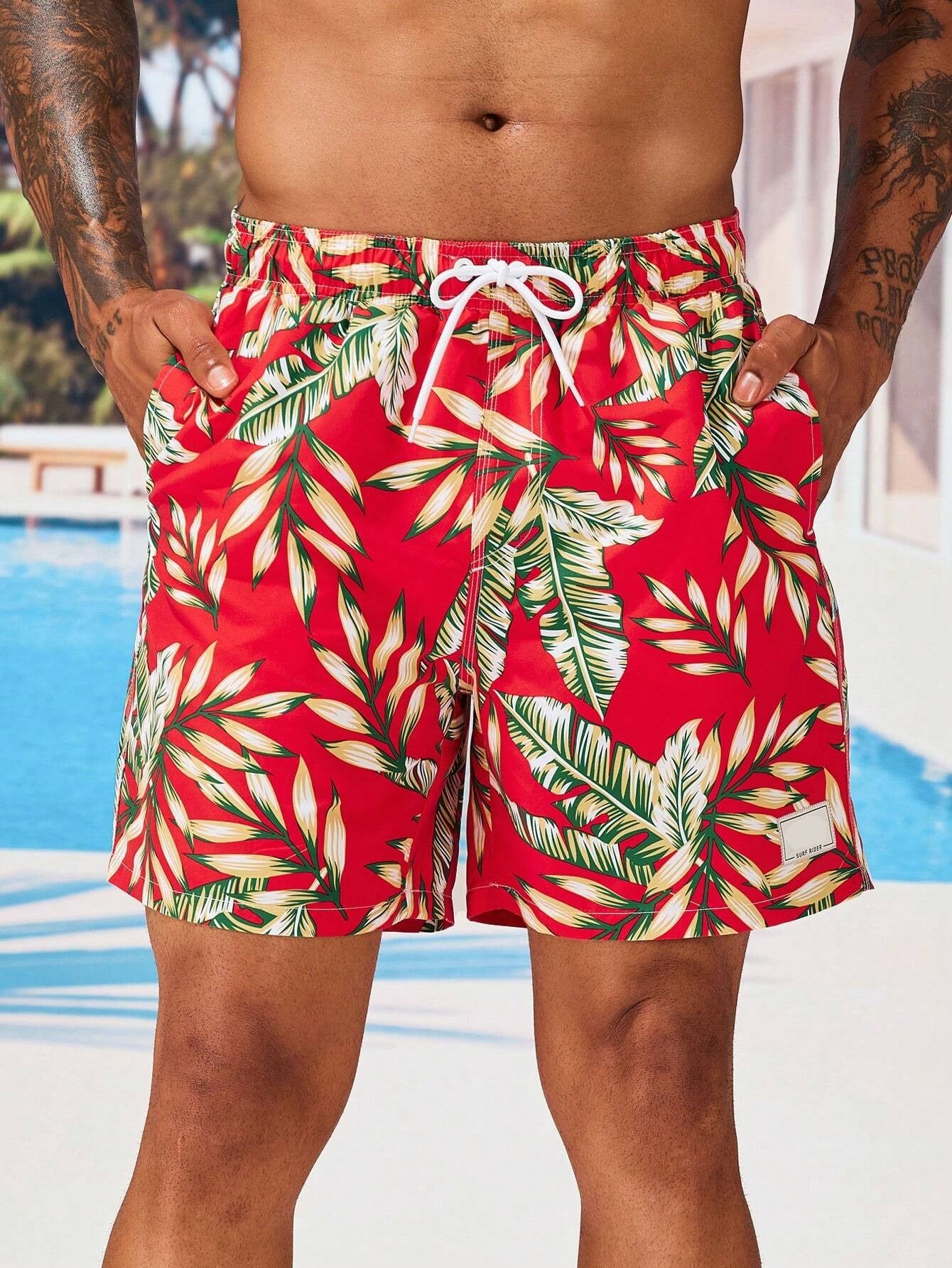 Tropical Print Drawstring Waist Swim Trunks With Pocket-Waves And Trunks