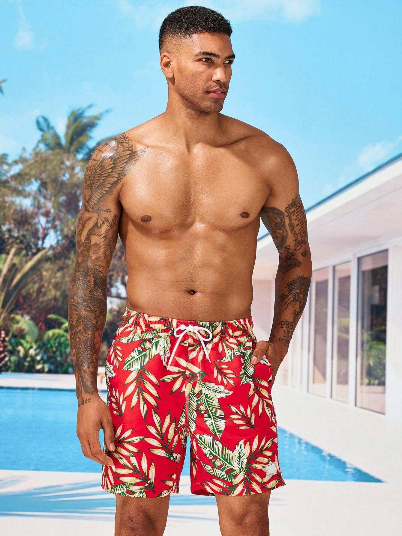 Tropical Print Drawstring Waist Swim Trunks With Pocket-Waves And Trunks