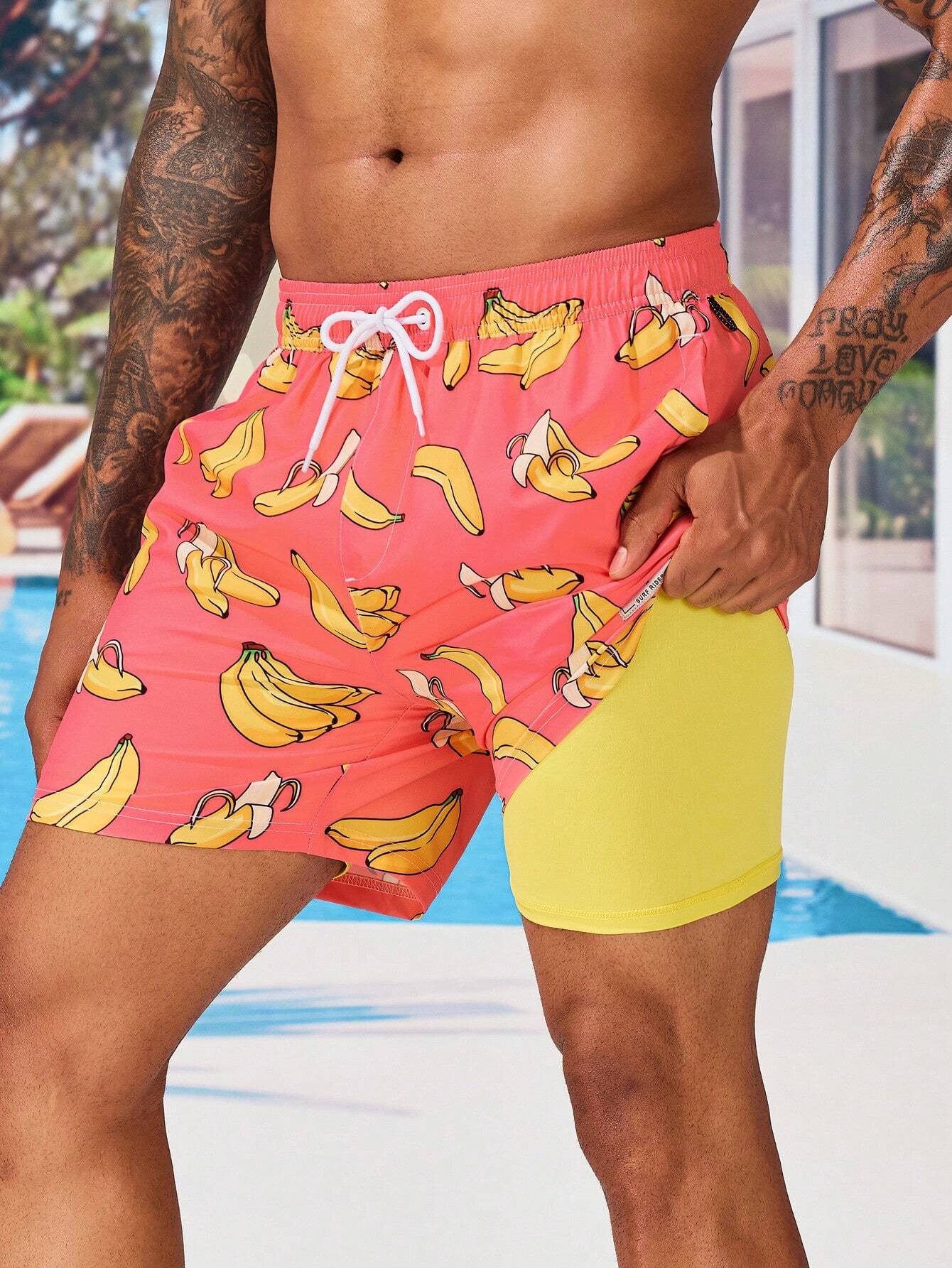 Banana Print Drawstring Waist Swim Trunk-Waves And Trunks