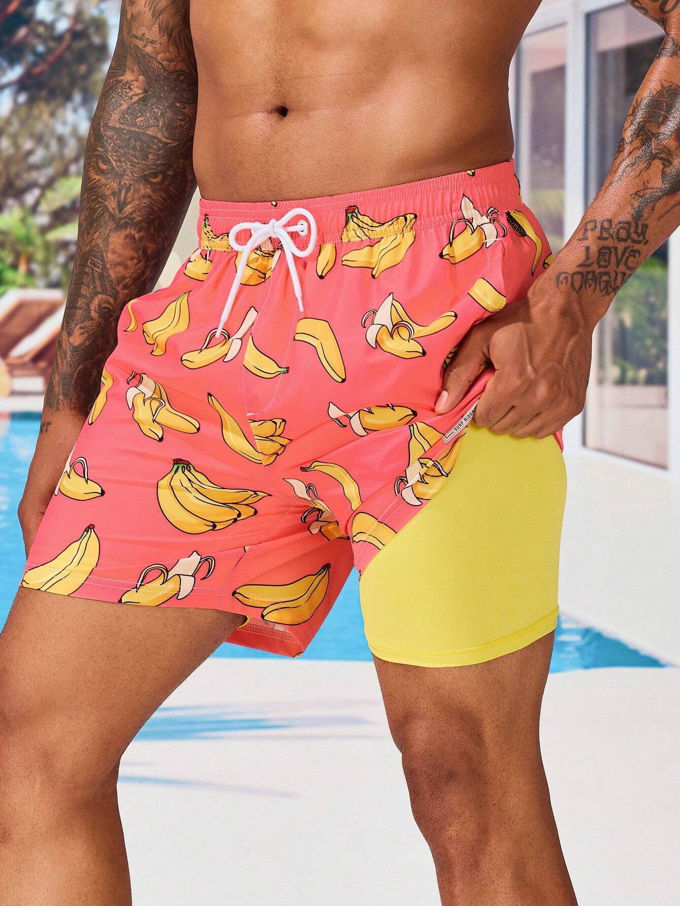 Drawstring Waist Banana Print Swim Trunks-Waves And Trunks
