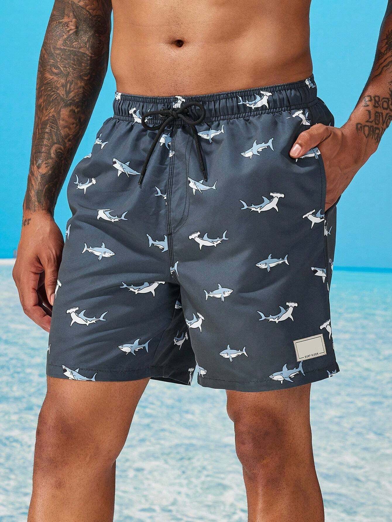 Shark Print Drawstring Waist Swim Trunks With Pocket-Waves And Trunks