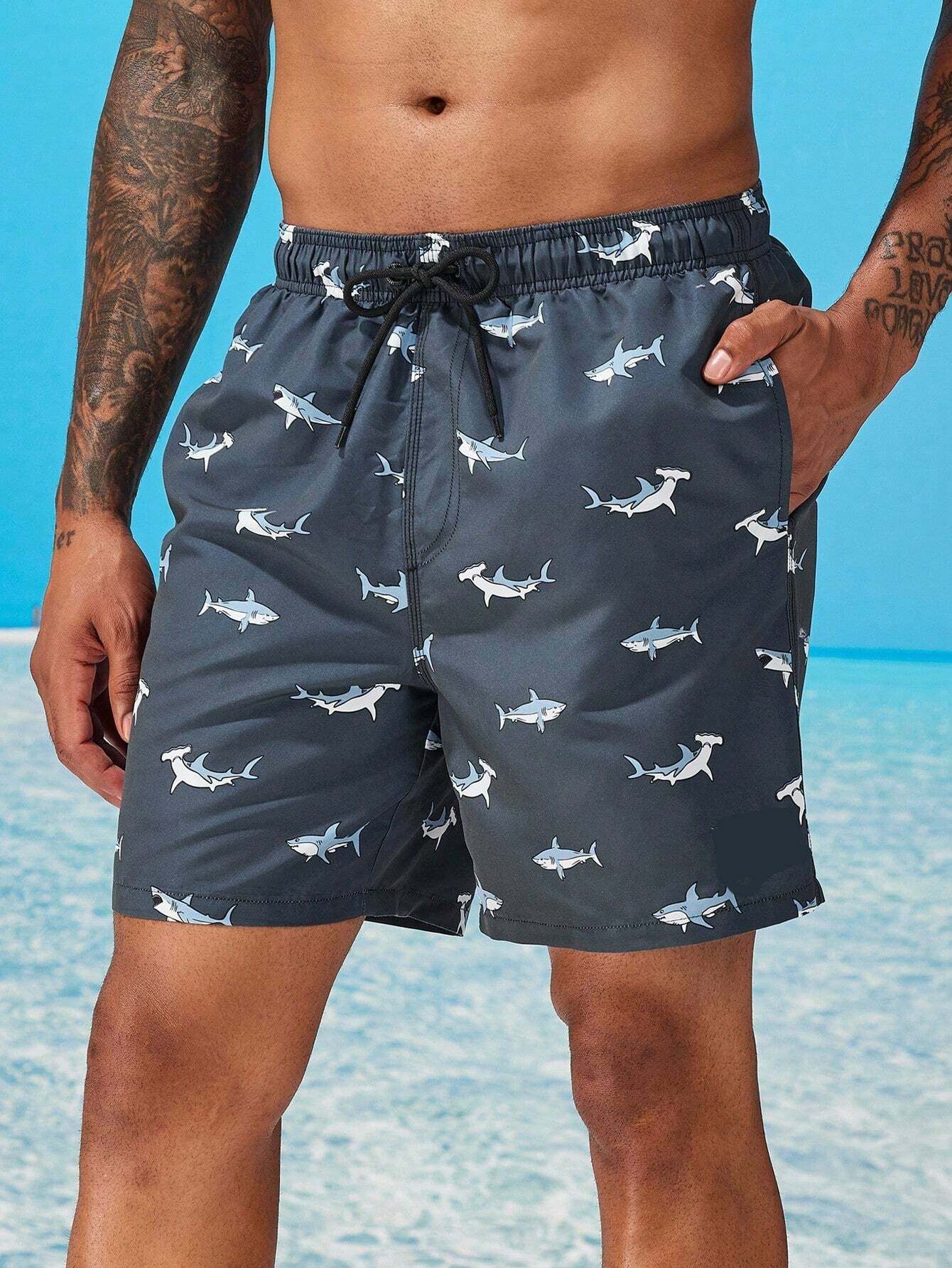 Shark Print Letter Patched Swim Trunks-Waves And Trunks