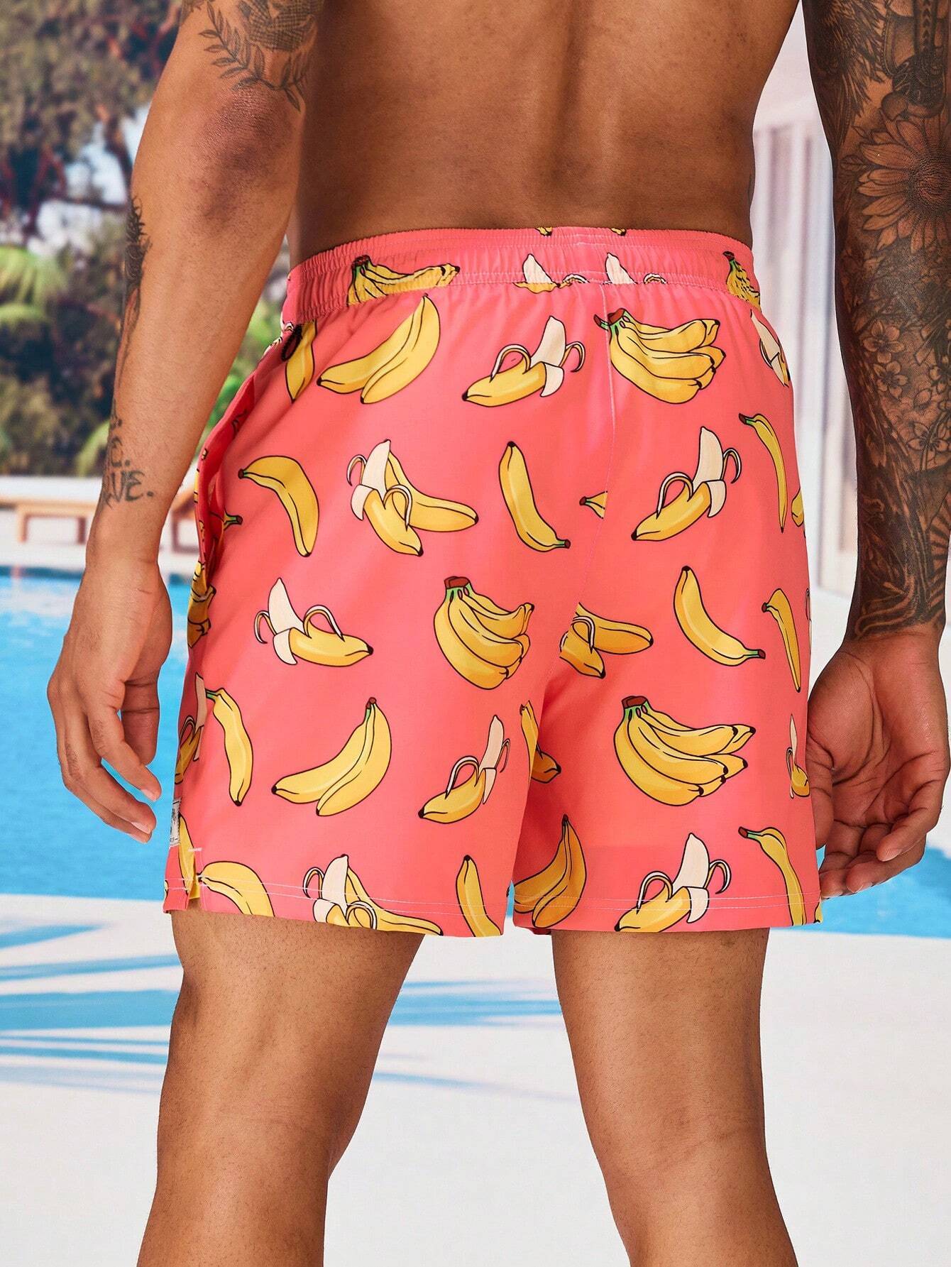 Drawstring Waist Banana Print Swim Trunks-Waves And Trunks