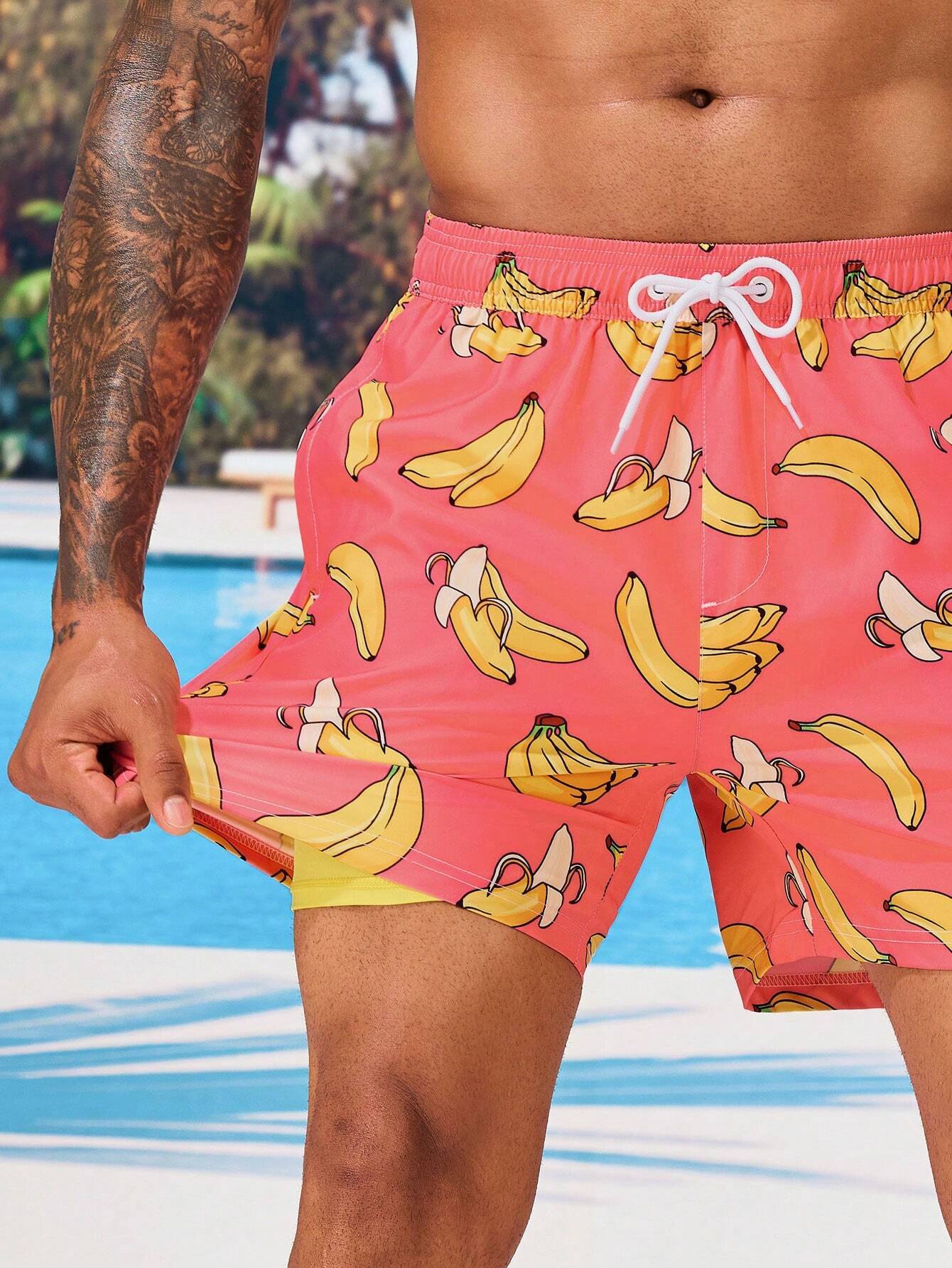 Drawstring Waist Banana Print Swim Trunks-Waves And Trunks