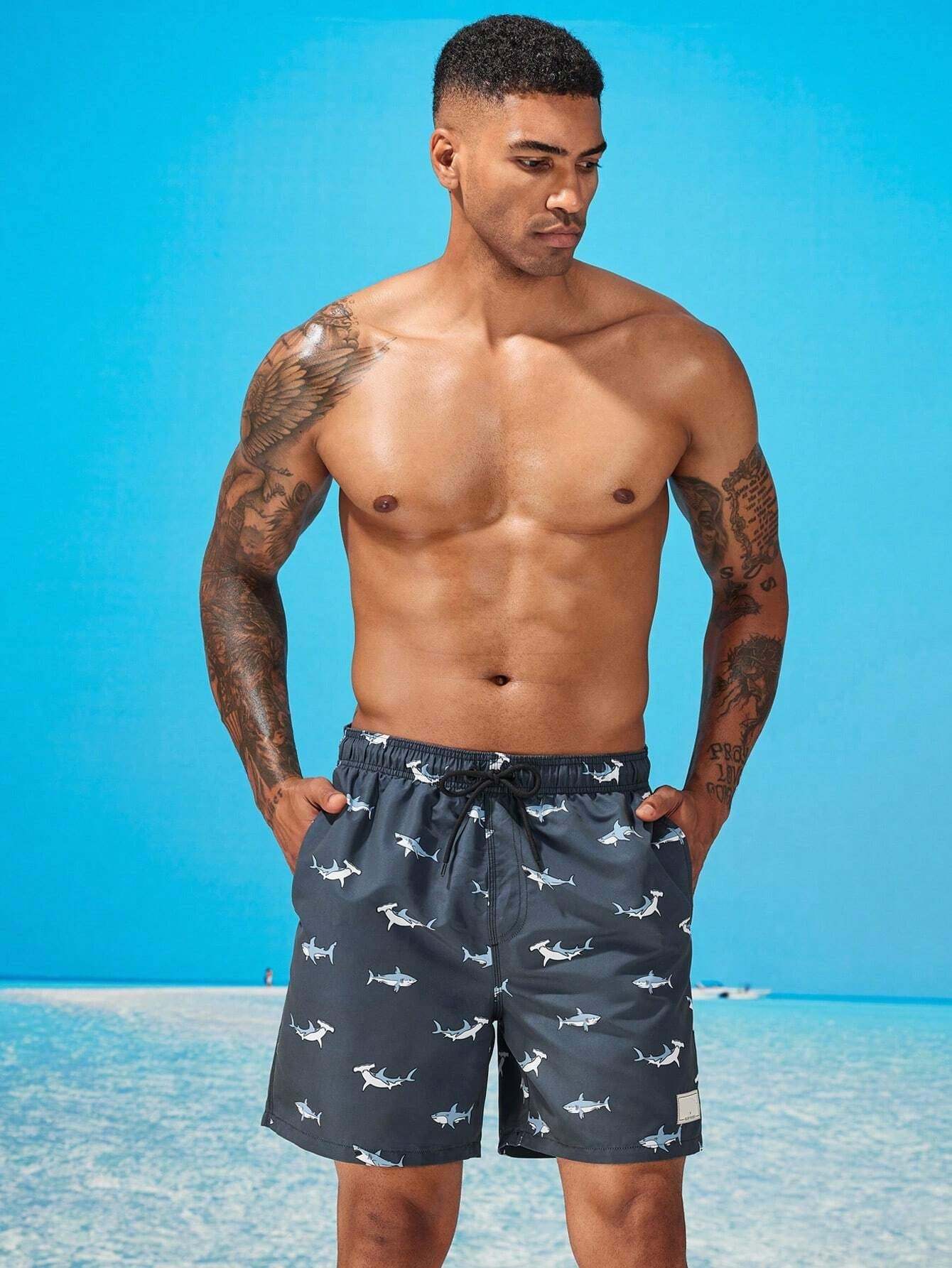 Shark Print Letter Patched Swim Trunks-Waves And Trunks