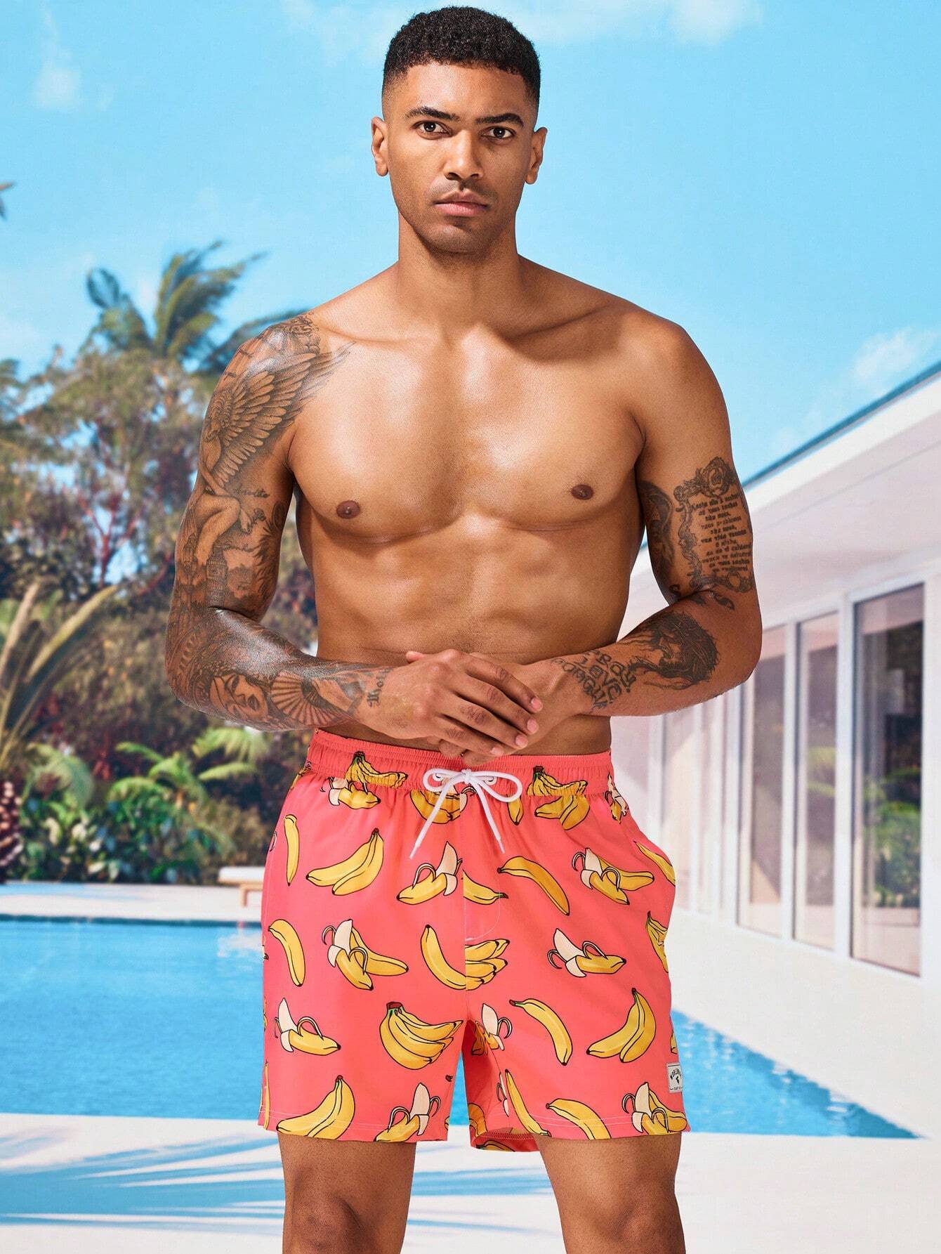 Drawstring Waist Banana Print Swim Trunks-Waves And Trunks