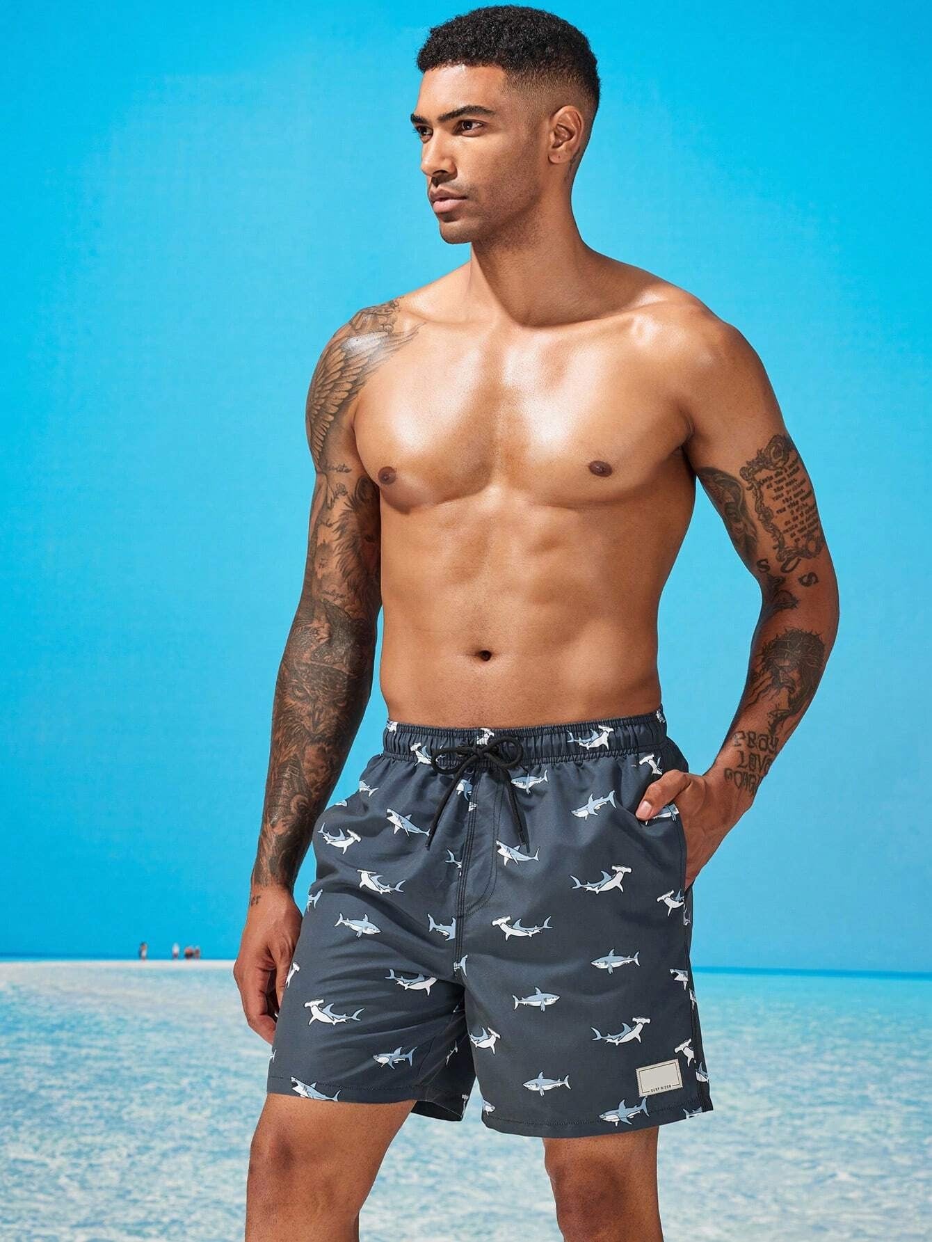 Shark Print Letter Patched Swim Trunks-Waves And Trunks