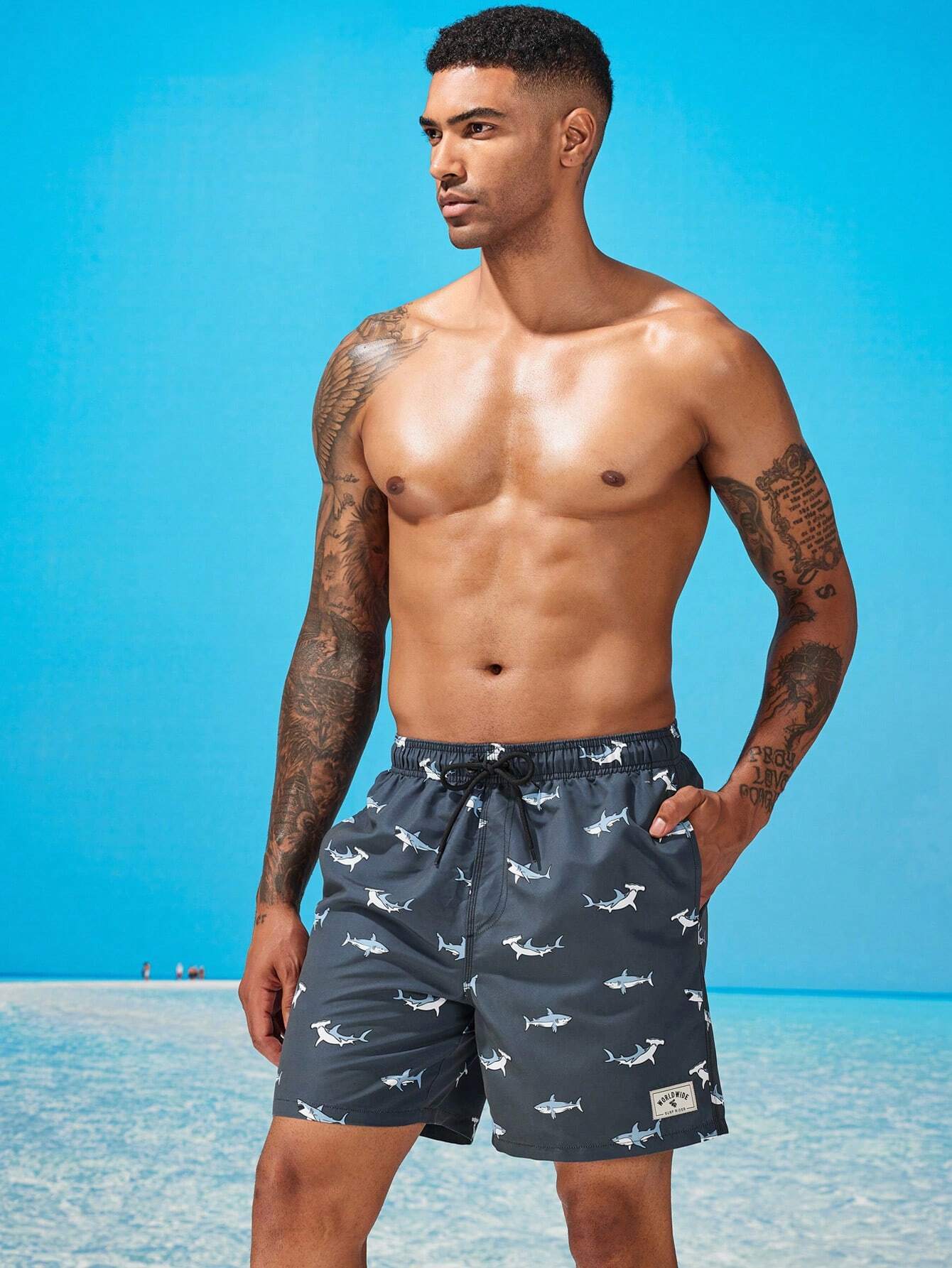 Shark Print Drawstring Waist Swim Trunks With Pocket-Waves And Trunks