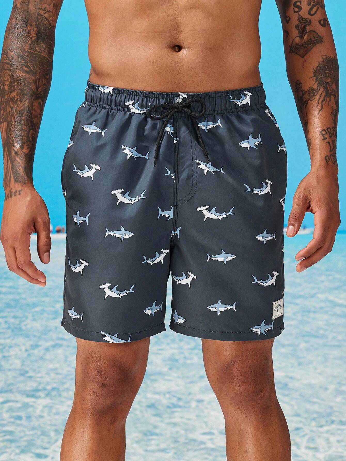 Shark Print Drawstring Waist Swim Trunks With Pocket-Waves And Trunks