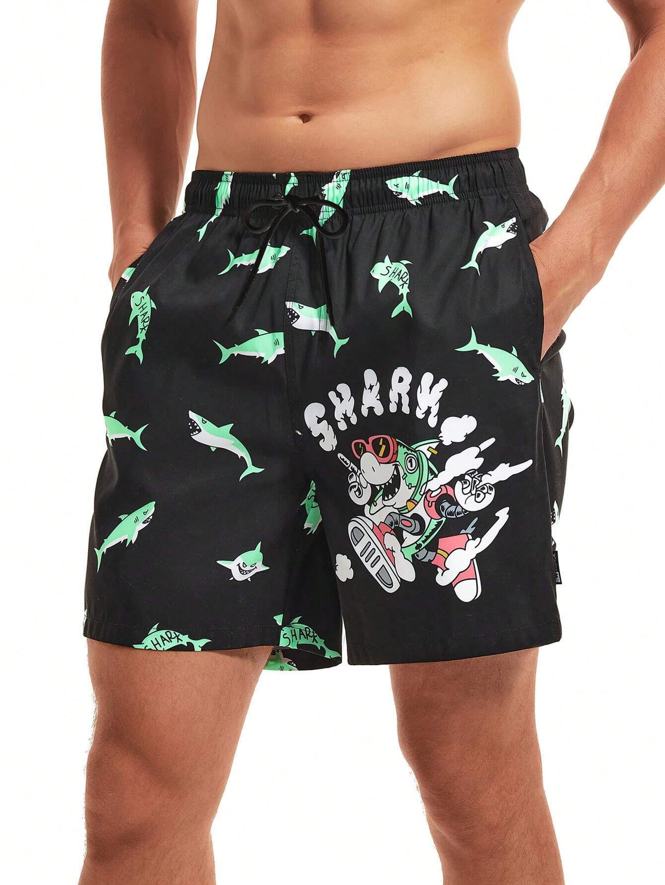 Cartoon Shark Print Swim Shorts-Waves And Trunks