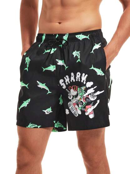 Cartoon Shark Print Swim Shorts-Waves And Trunks