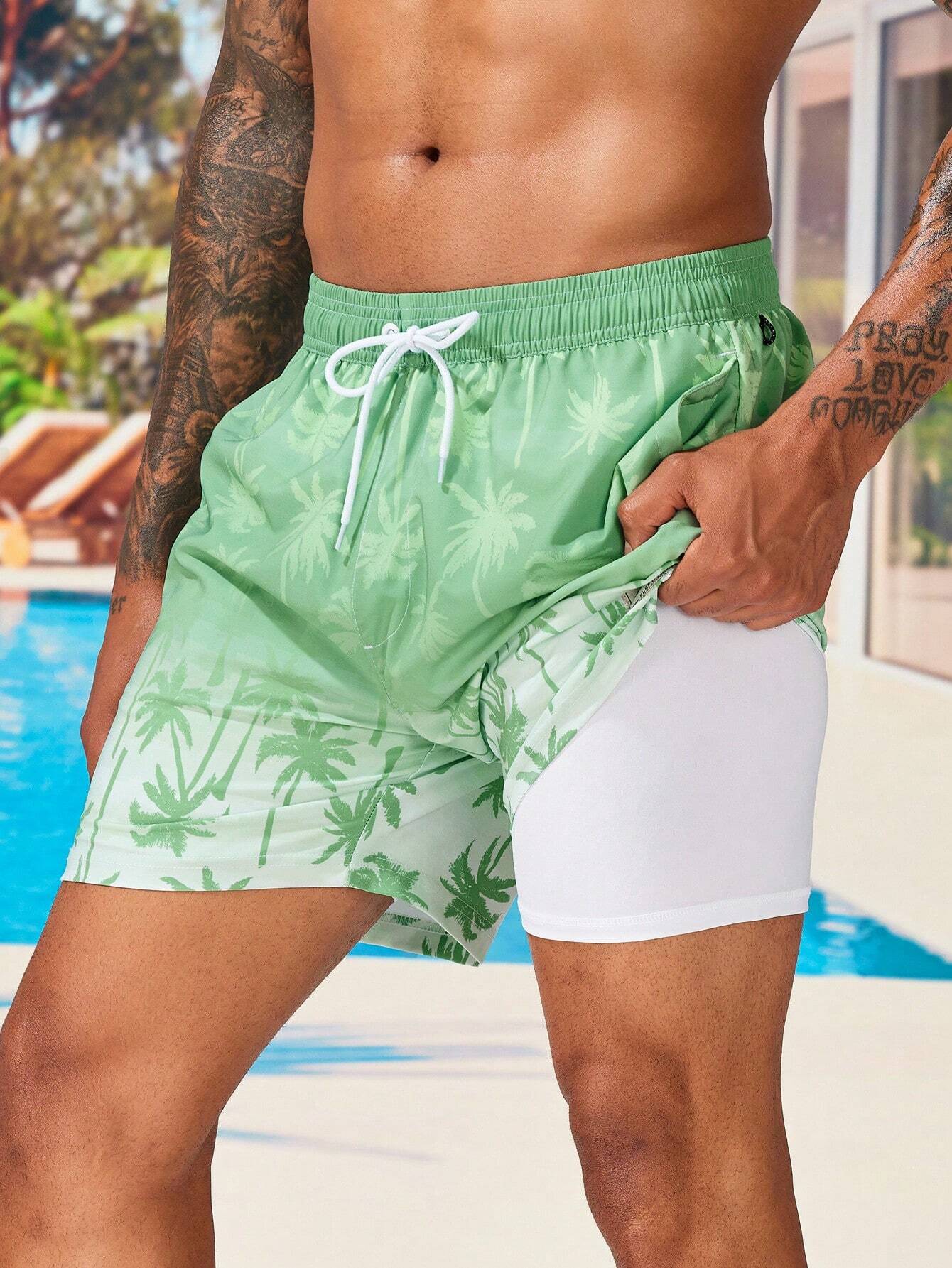 Tropical Print 2 In 1 Drawstring Waist Pocket Swim Trunks-Waves And Trunks