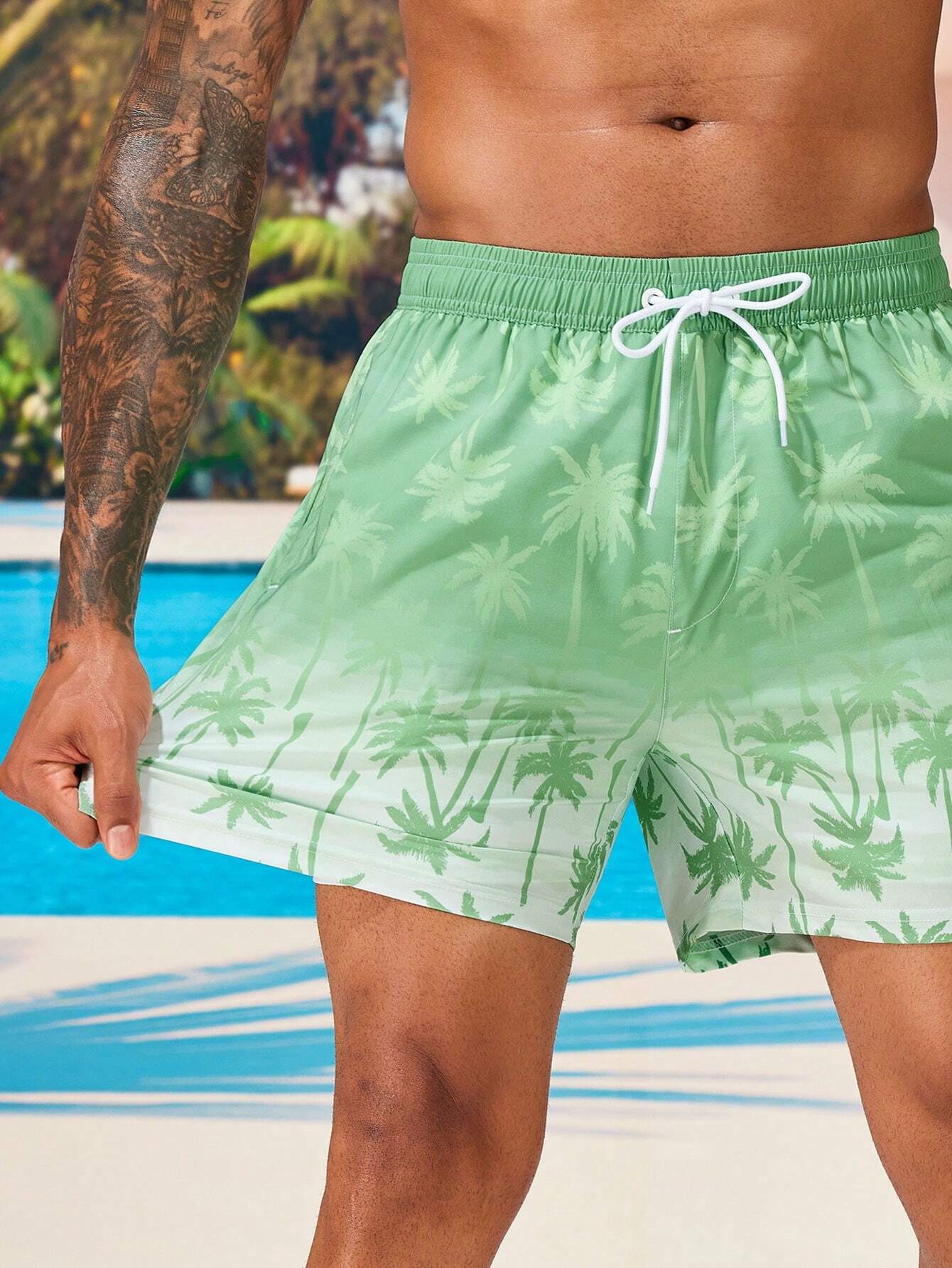 Tropical Print 2 In 1 Drawstring Waist Pocket Swim Trunks-Waves And Trunks