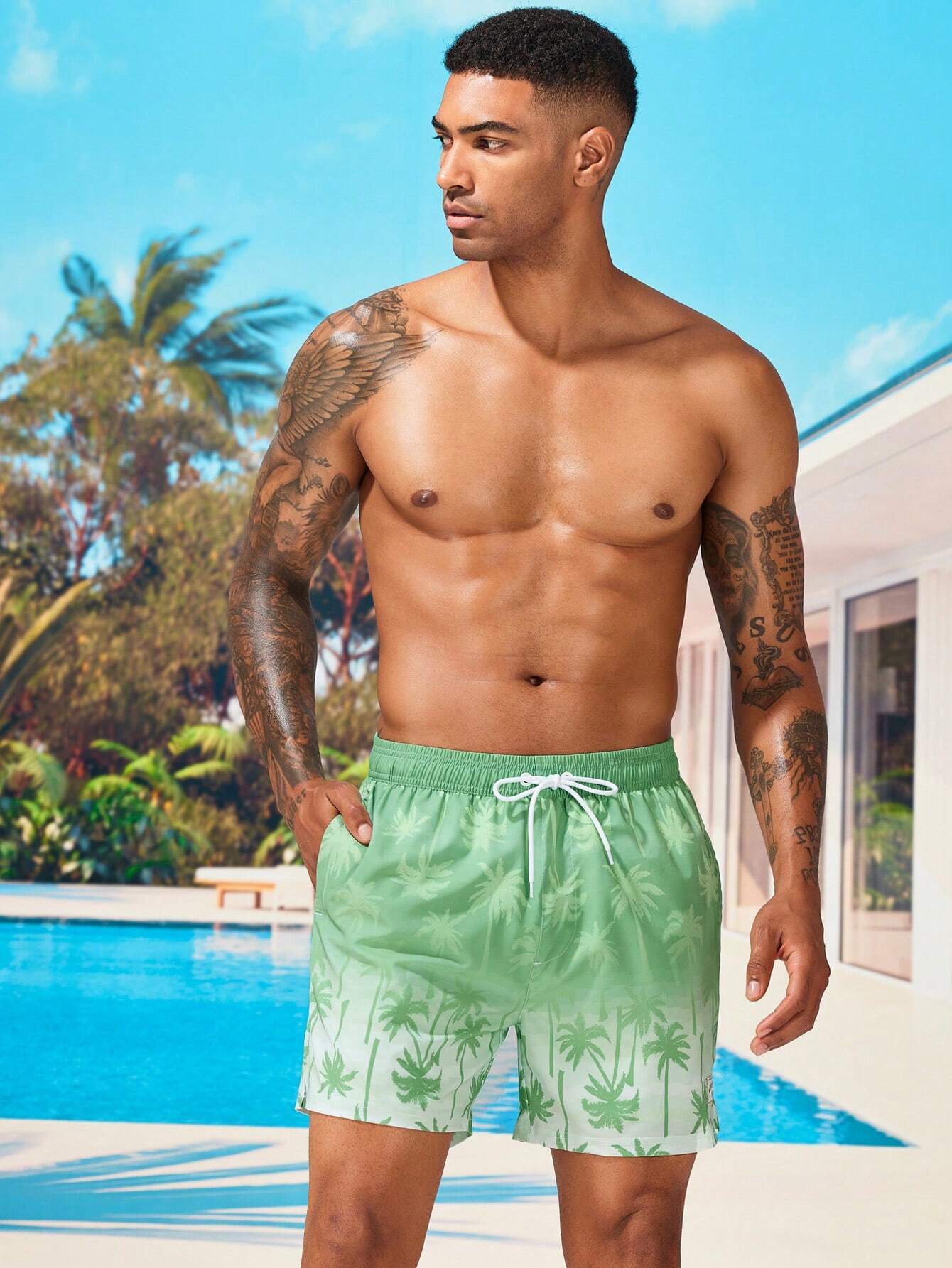 Tropical Print 2 In 1 Drawstring Waist Pocket Swim Trunks-Waves And Trunks