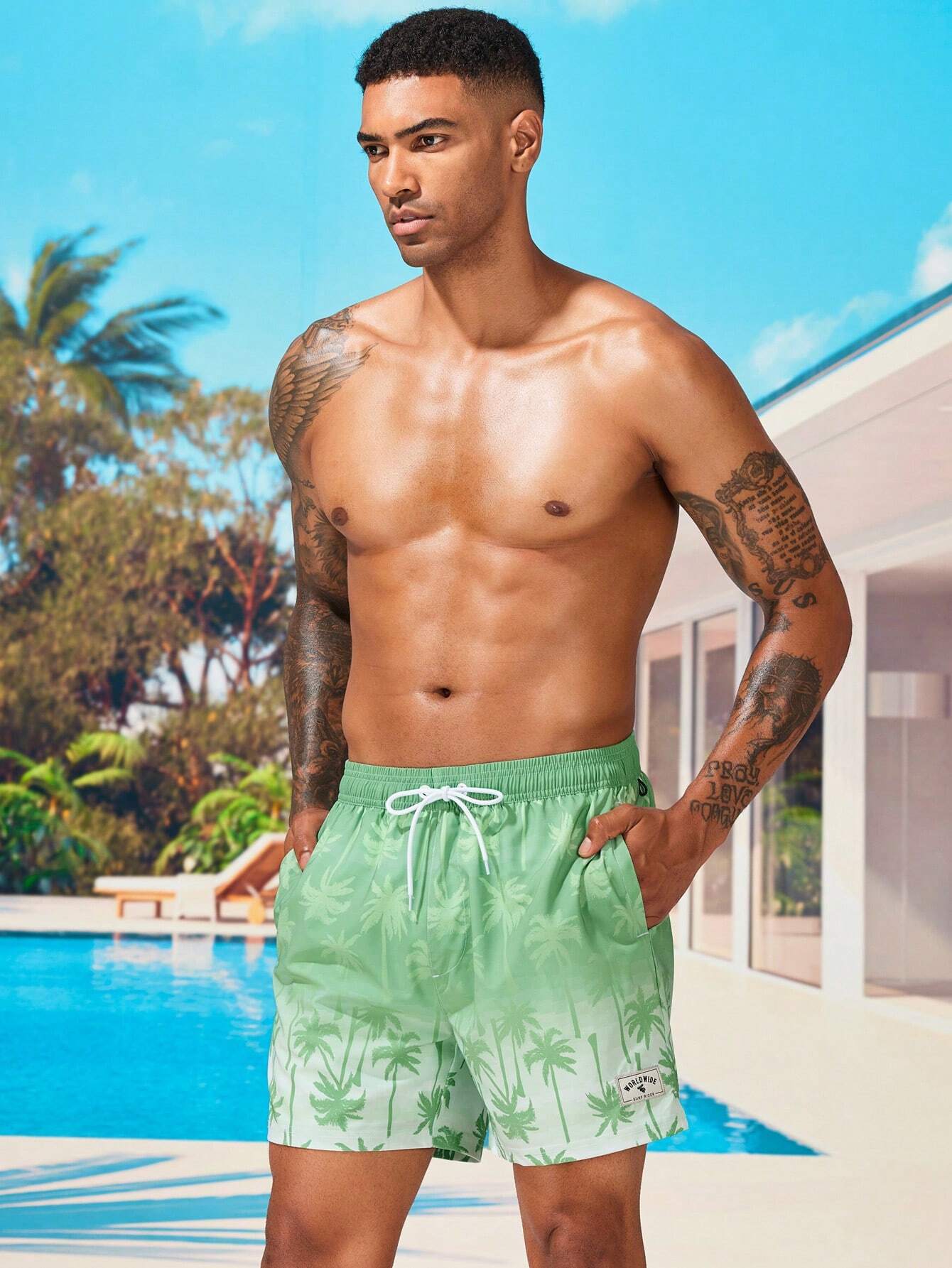 Coconut Tree Print Swim Trunks With Pocket-Waves And Trunks