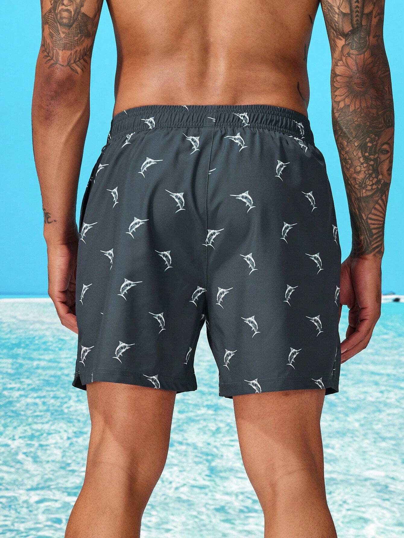 Print Drawstring Trunks With Compression Liner-Waves And Trunks