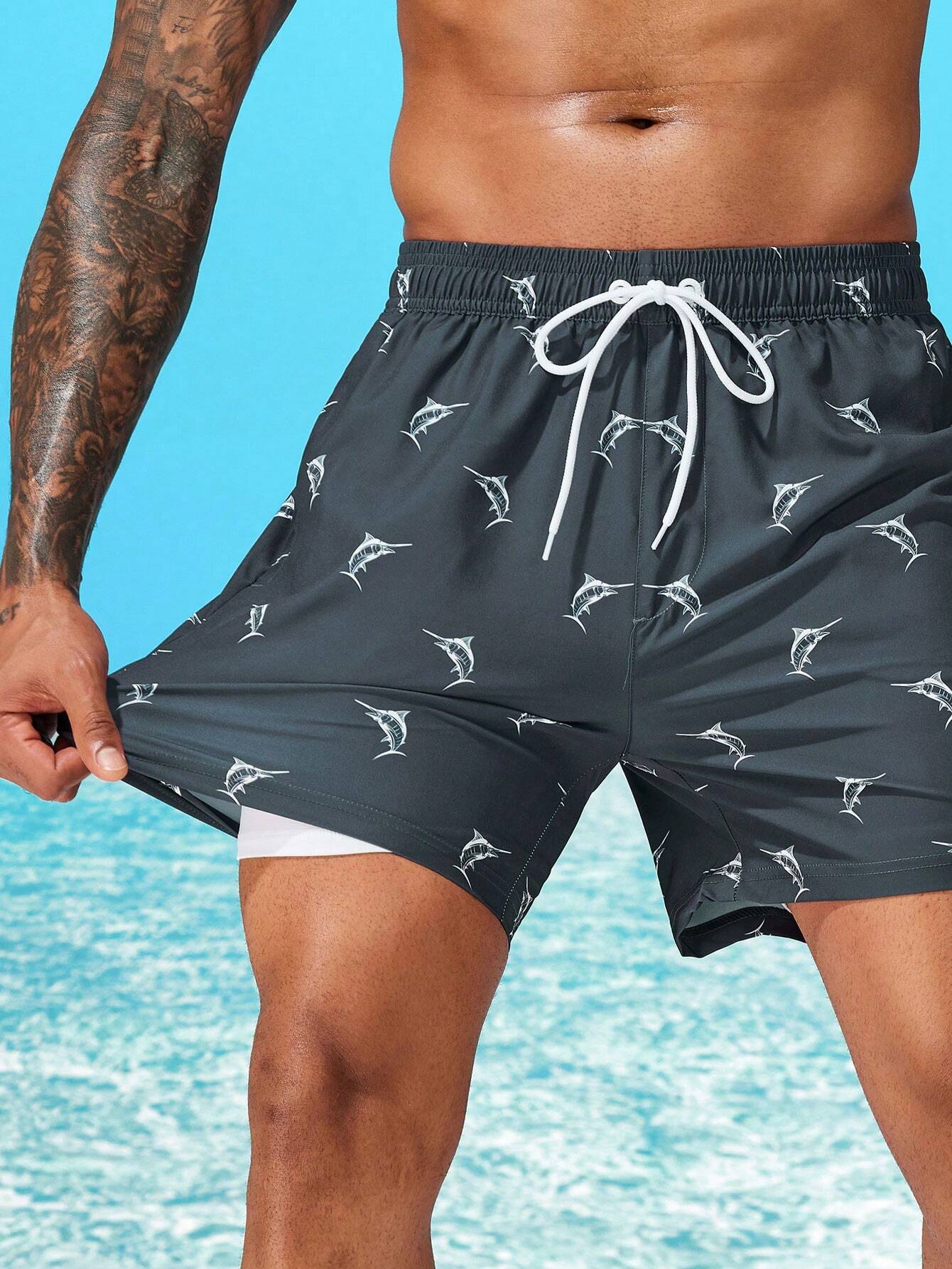 Print Drawstring Trunks With Compression Liner-Waves And Trunks