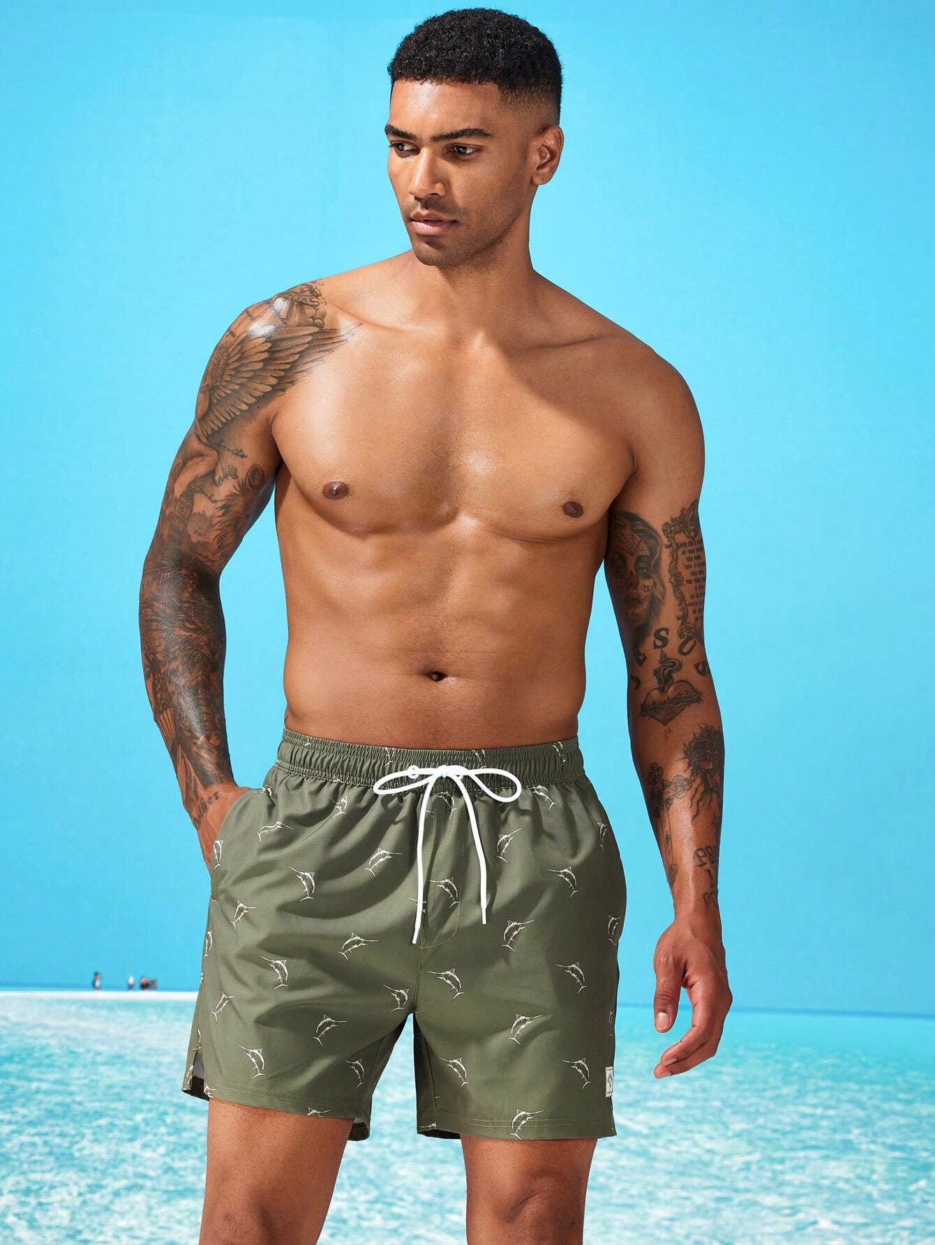 Print Drawstring Trunks With Compression Liner-Waves And Trunks