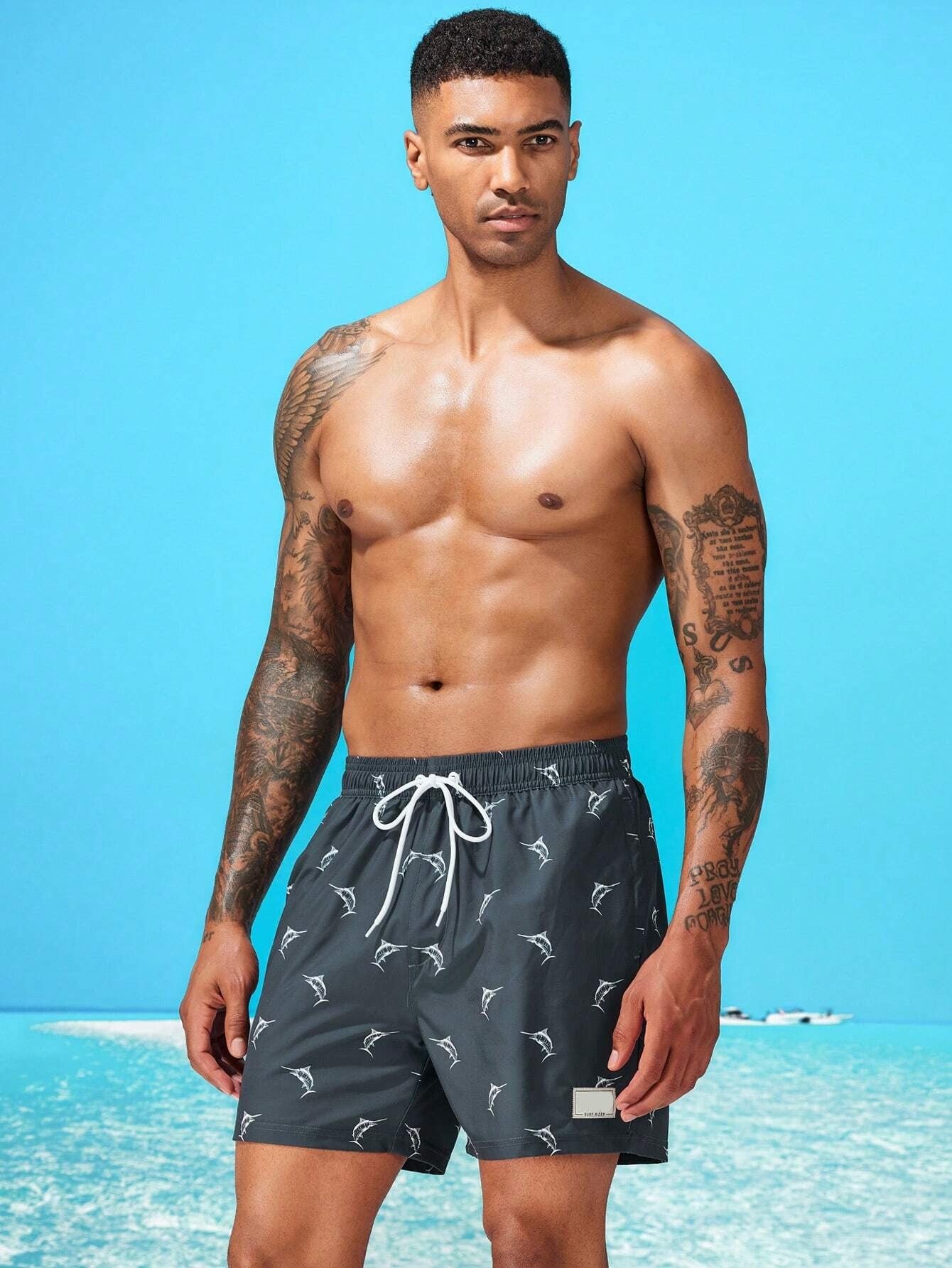 Print Drawstring Trunks With Compression Liner-Waves And Trunks