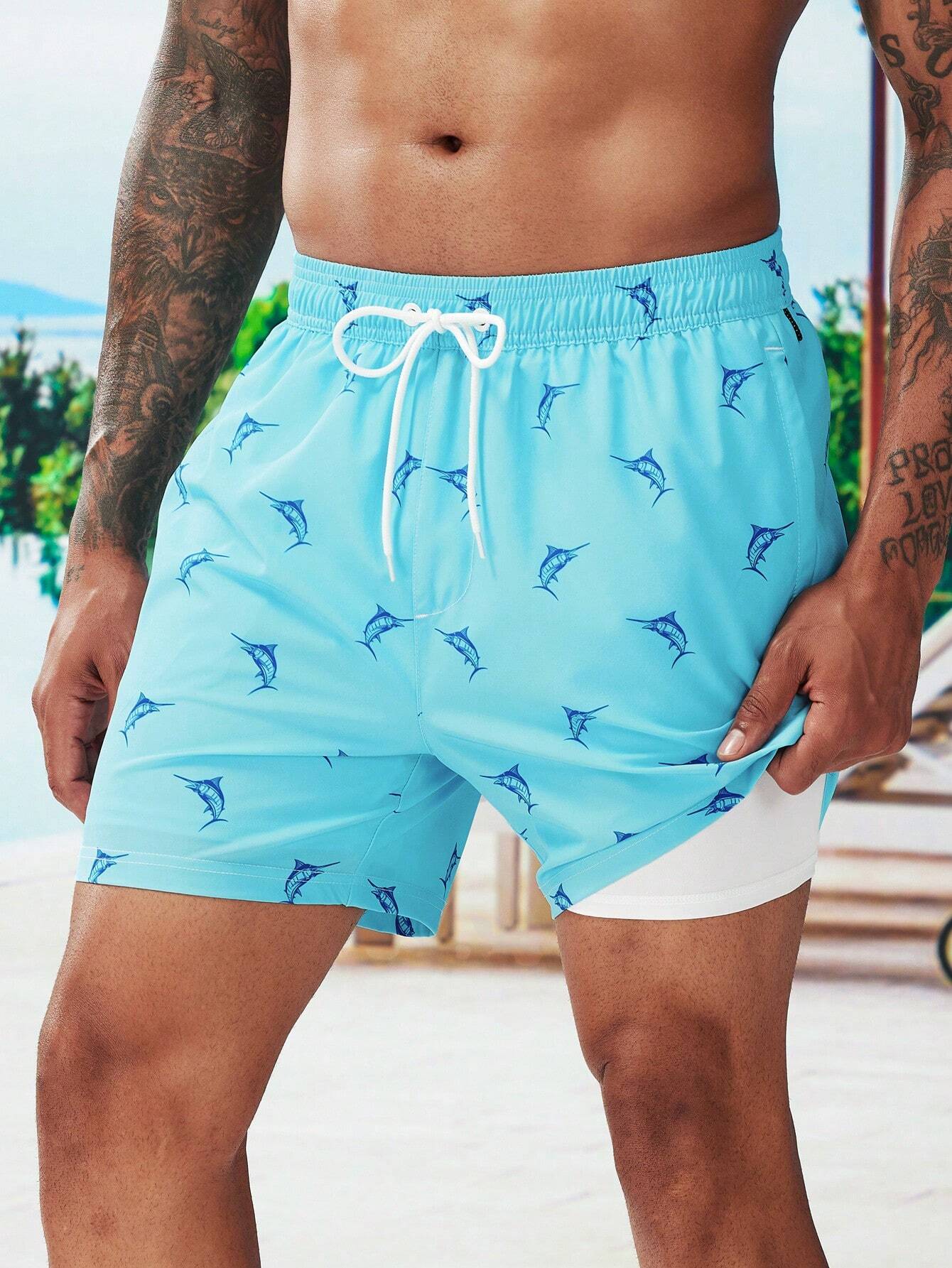 Print Drawstring Trunks With Compression Liner-Waves And Trunks