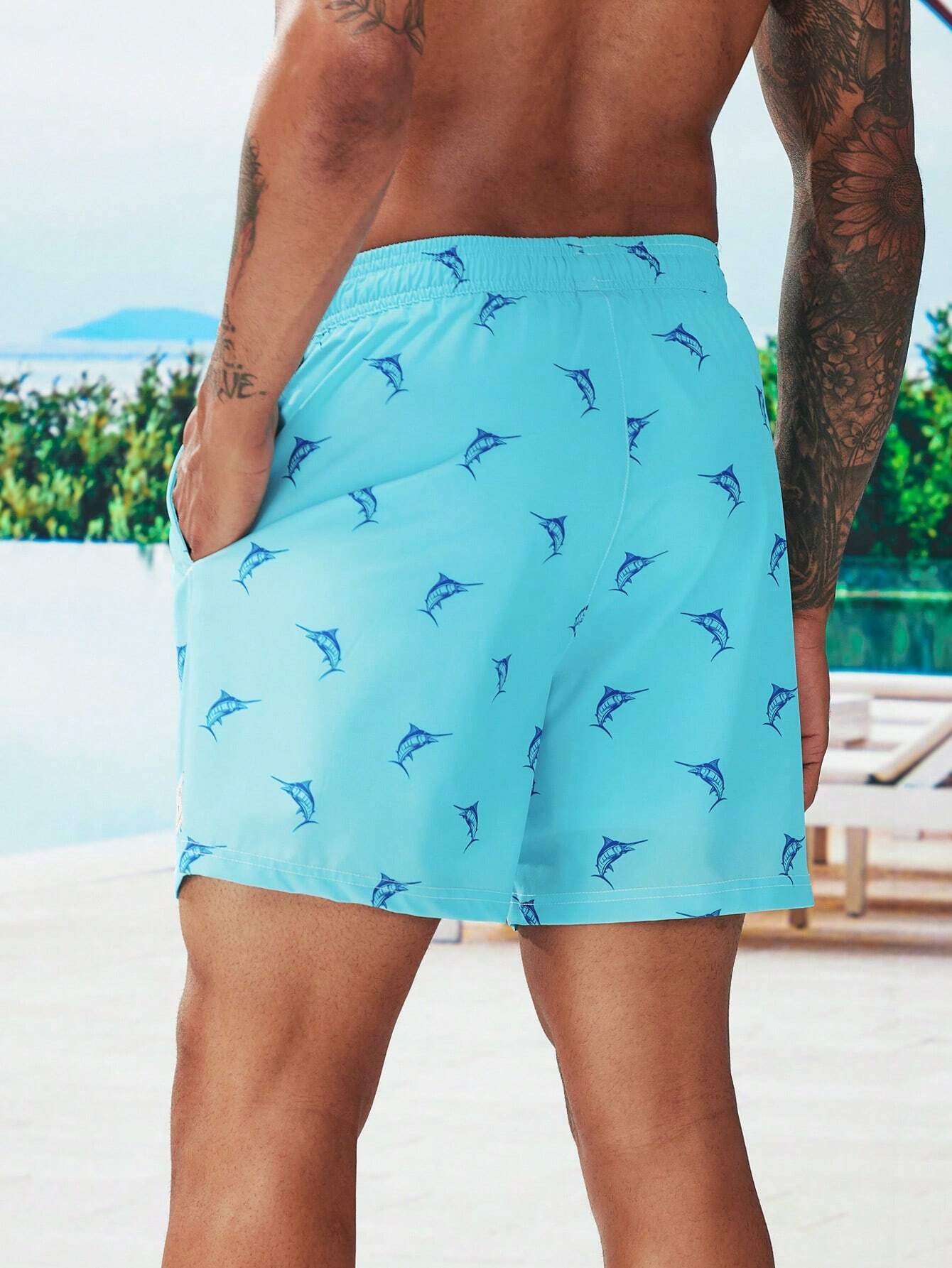 Print Drawstring Trunks With Compression Liner-Waves And Trunks