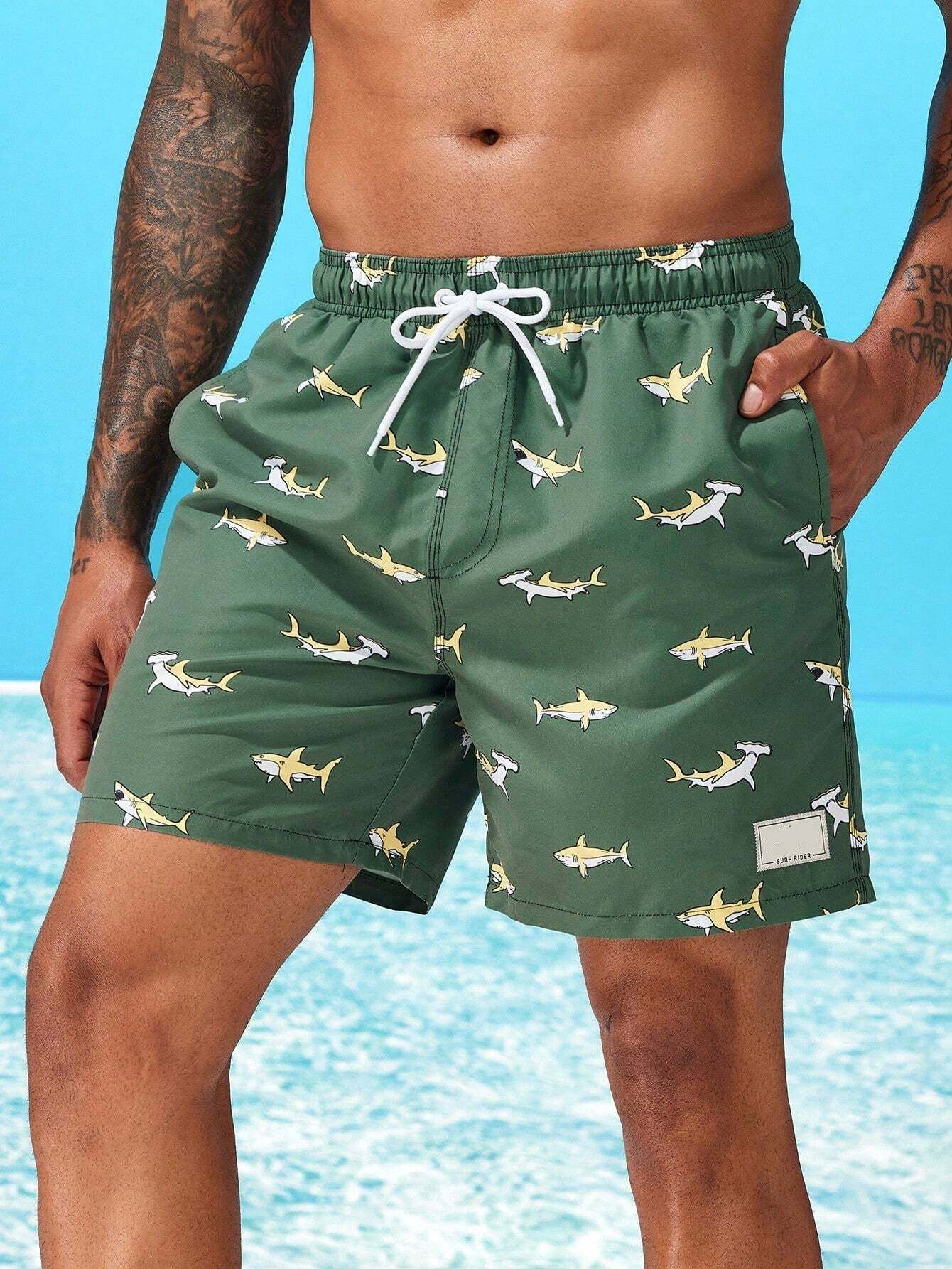 Shark Print Drawstring Waist Swim Trunks With Pocket-Waves And Trunks