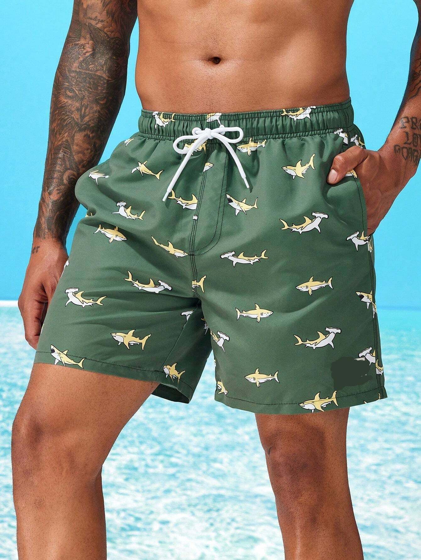 Shark Print Letter Patched Swim Trunks-Waves And Trunks