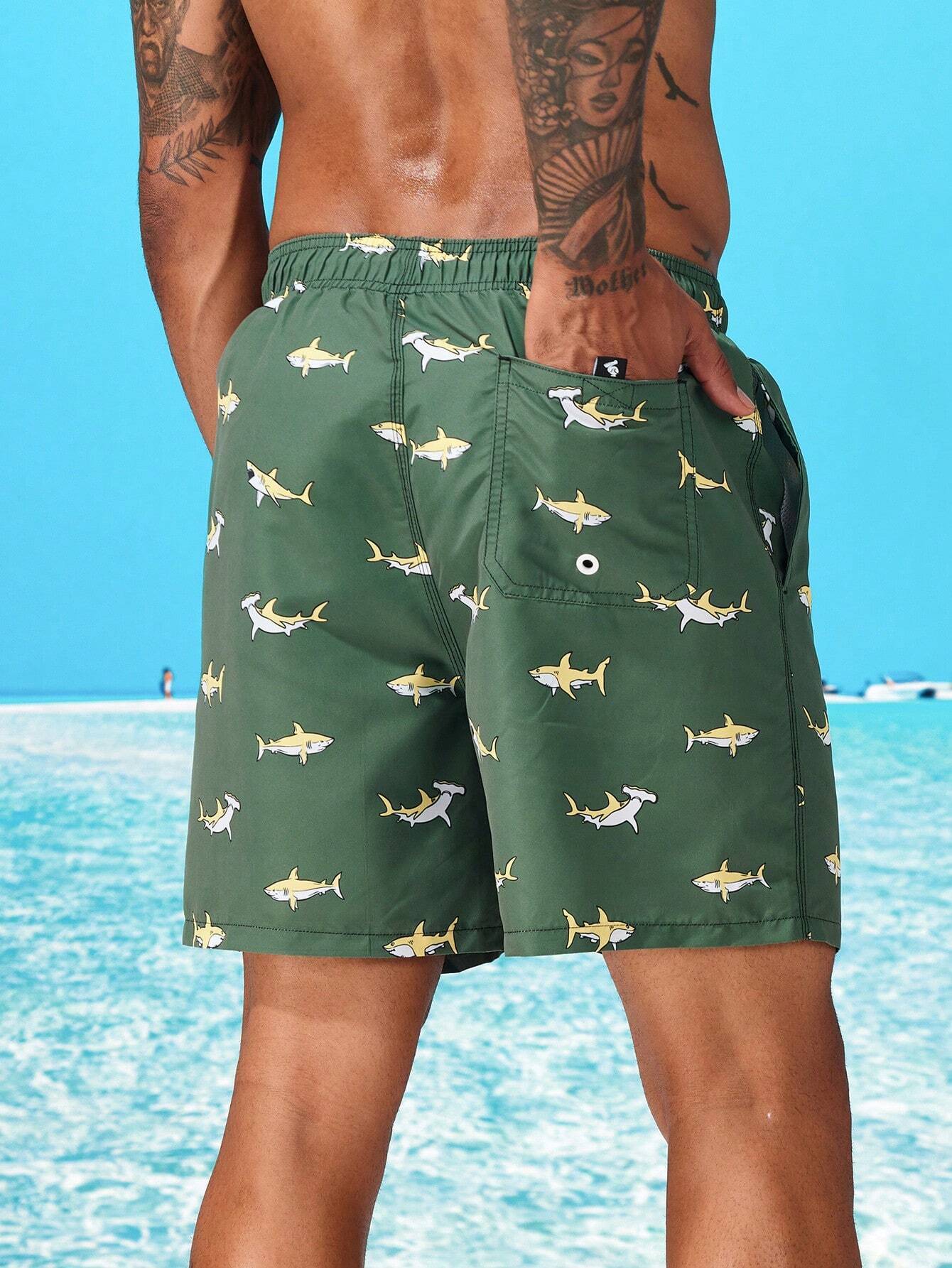 Shark Print Letter Patched Swim Trunks-Waves And Trunks