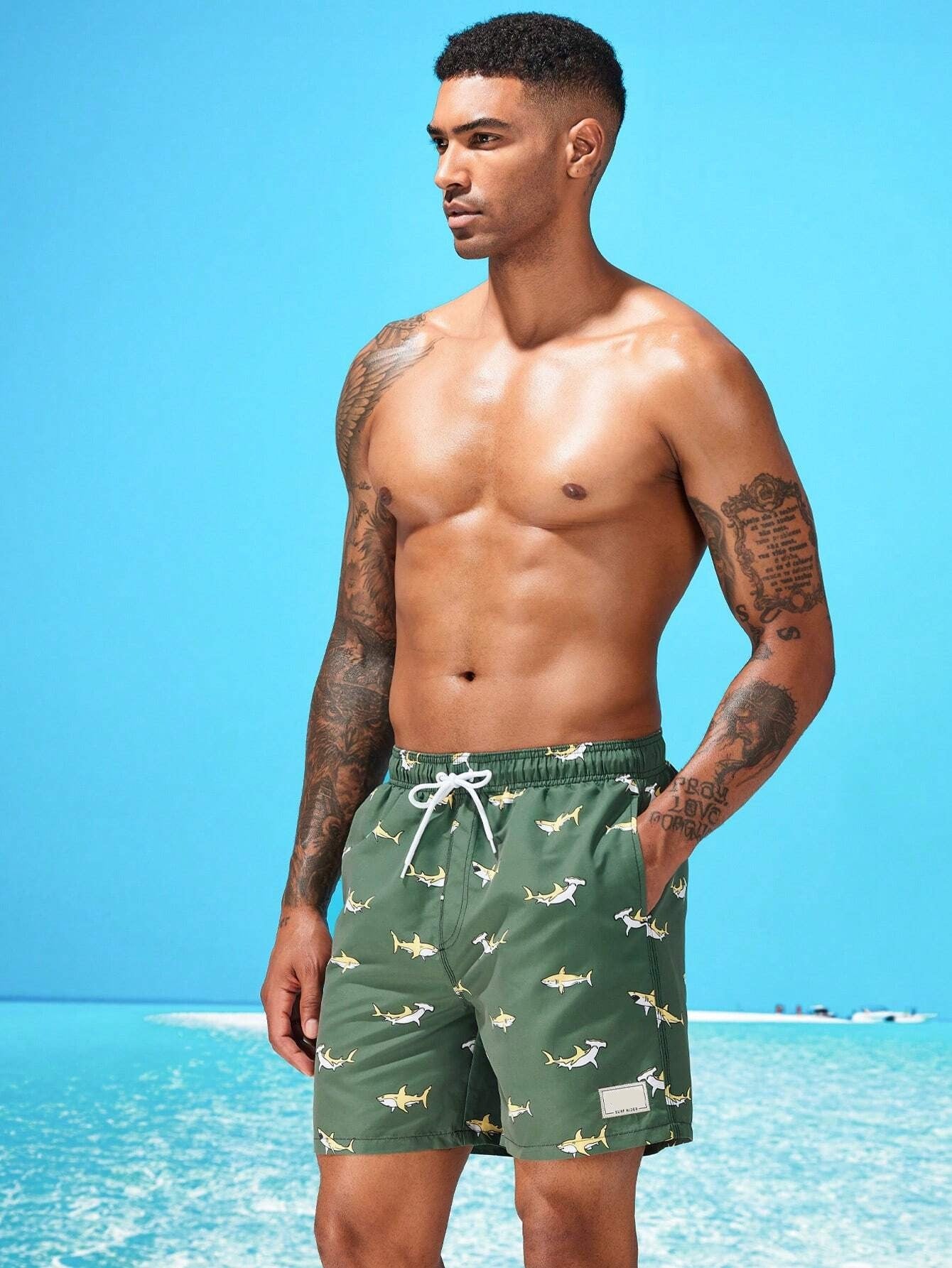 Shark Print Drawstring Waist Swim Trunks With Pocket-Waves And Trunks