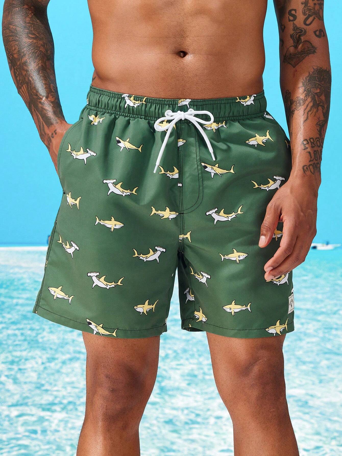 Shark Print Drawstring Waist Swim Shorts-Waves And Trunks
