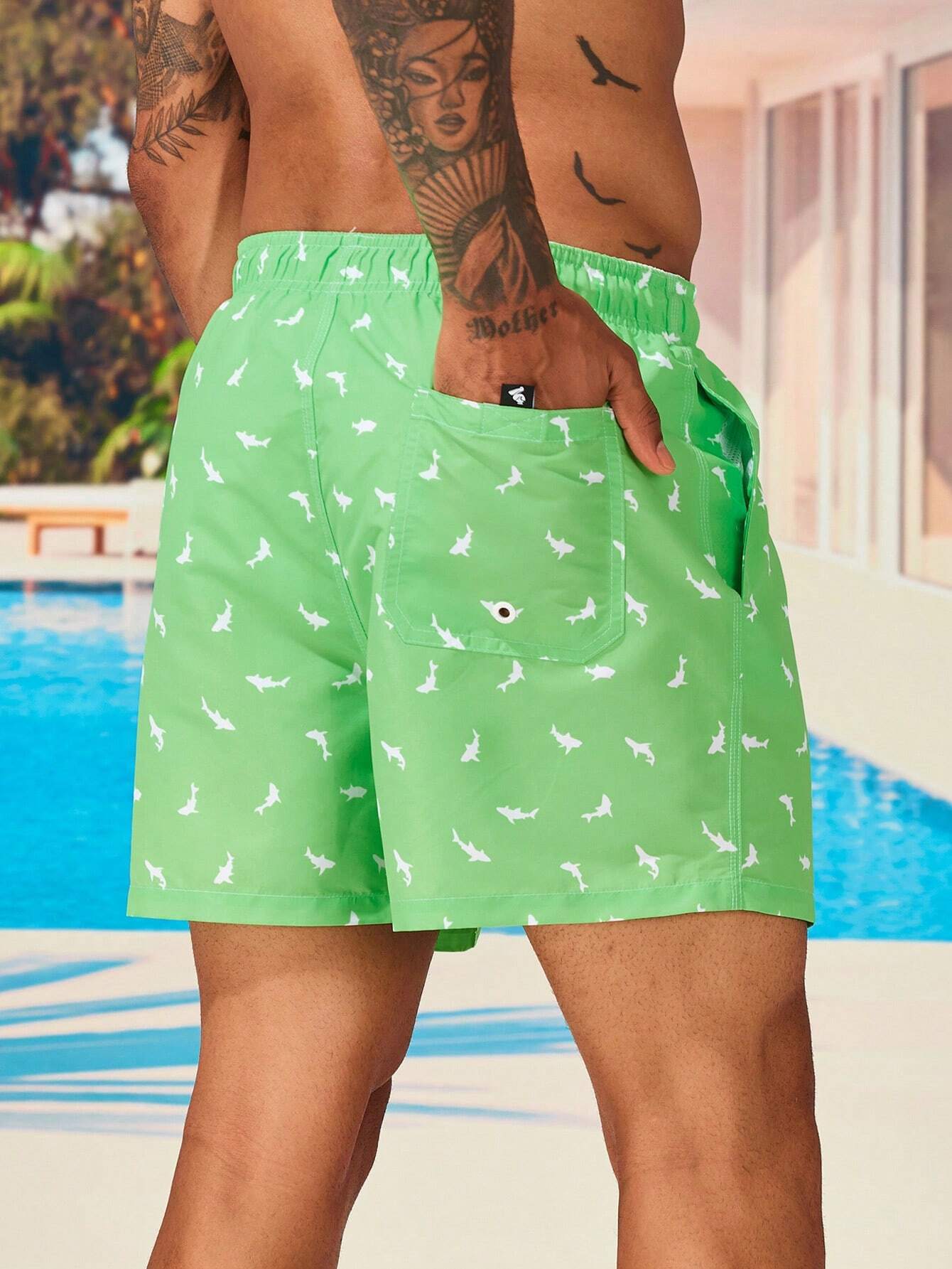 Non Stretch Allover Print Drawstring Waist Swim Trunks-Waves And Trunks
